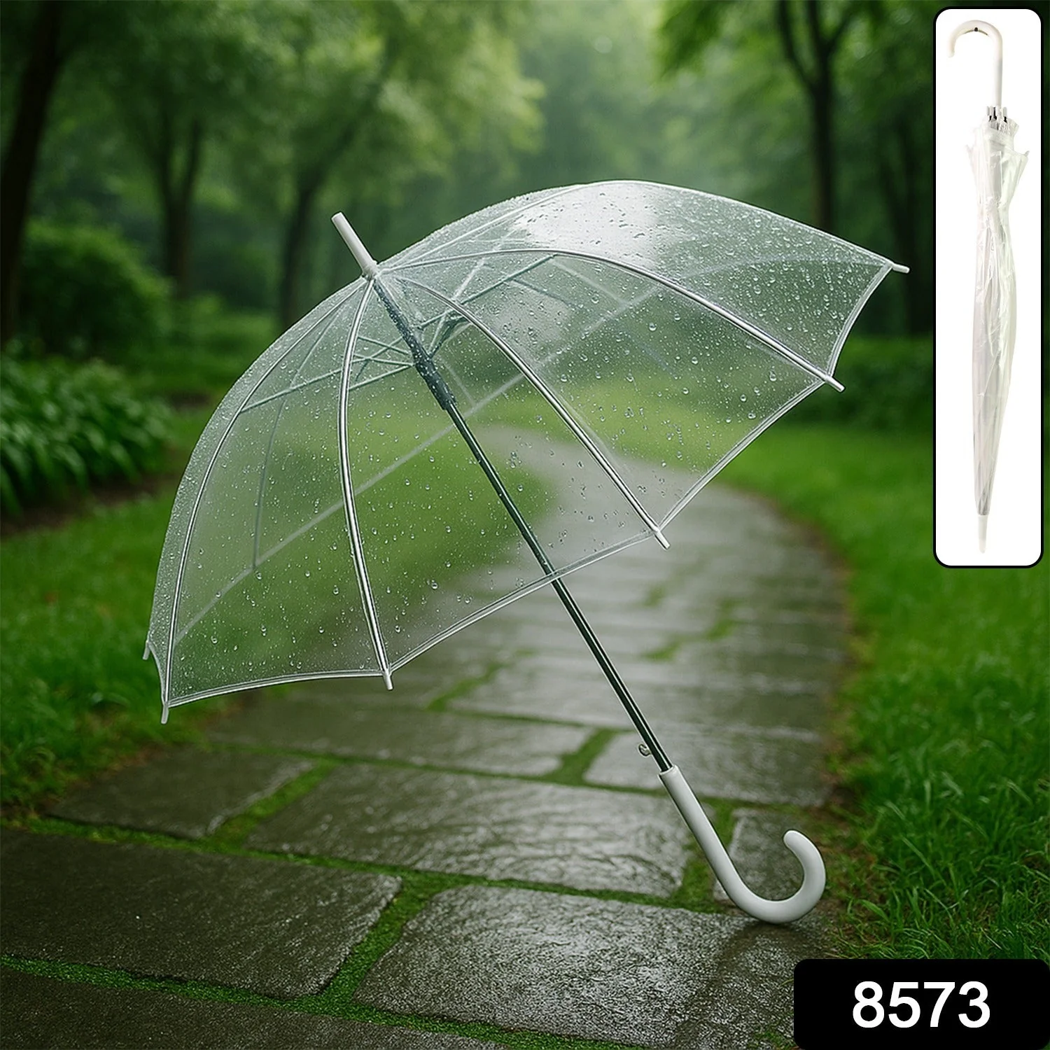 Premium Transparent Dome Umbrella with Curved Handle (1 Pc) - Image 2