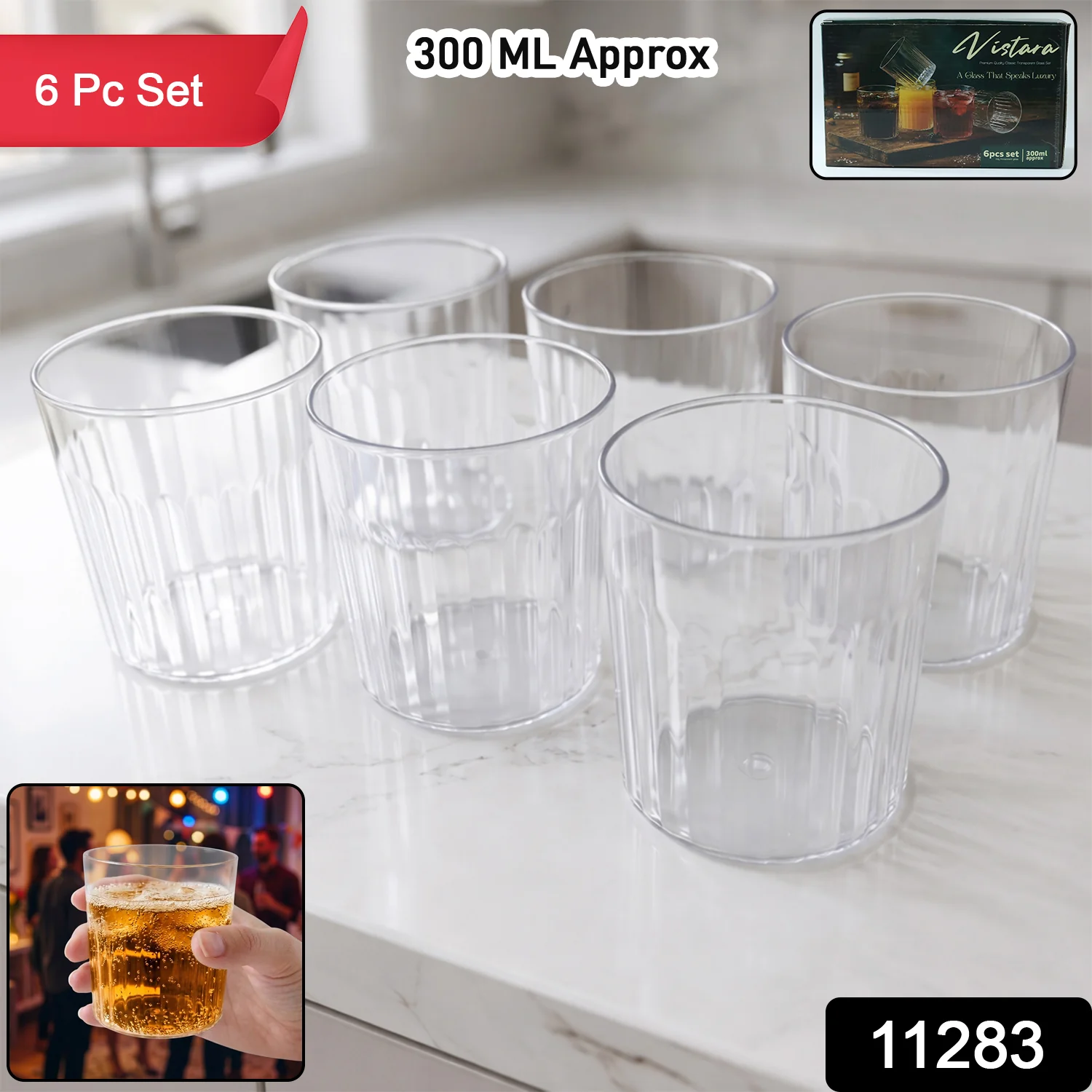 Premium Transparent Drinking Glass Set (6 Pc Set, 300 ML Approx) - Image 2