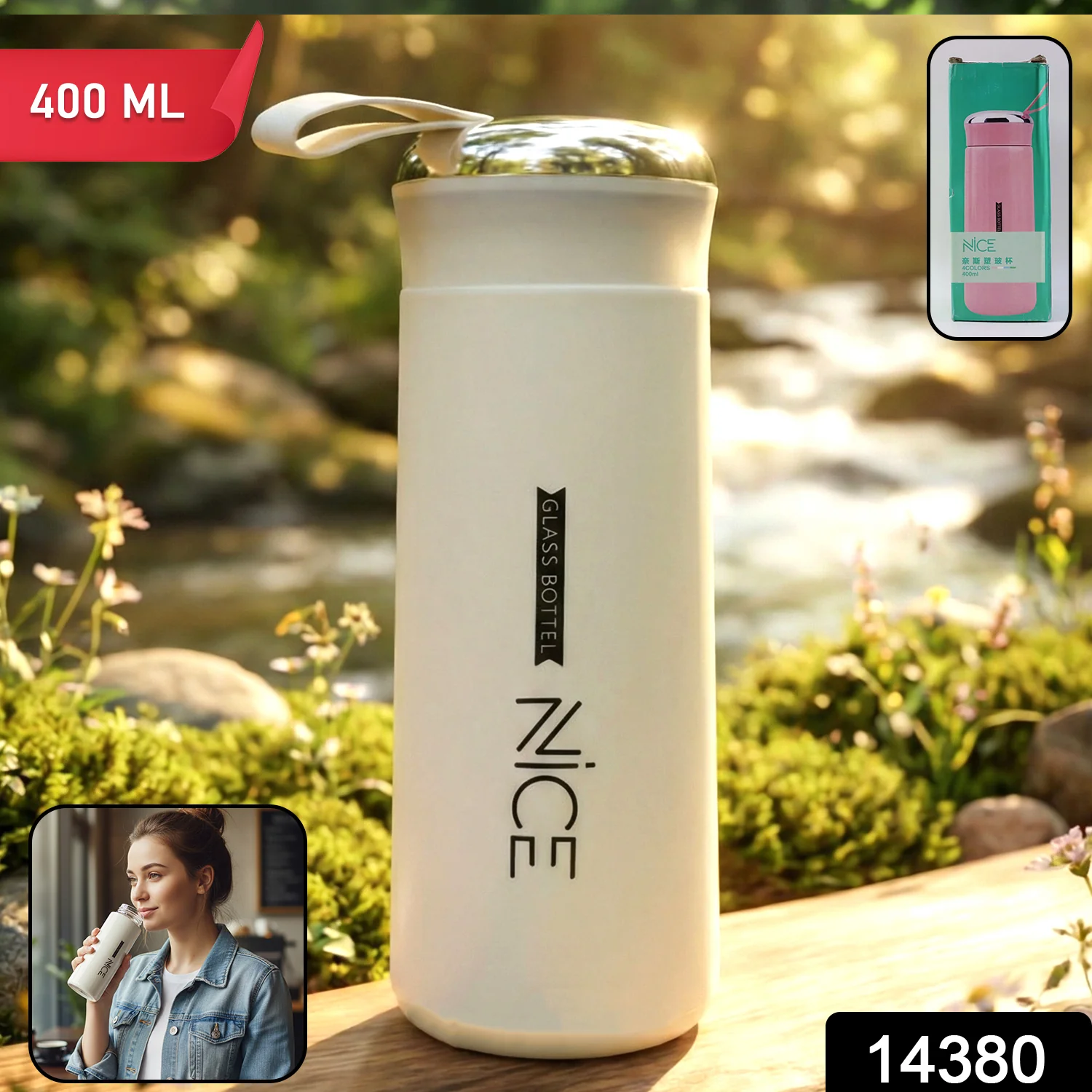 Premium White Glass Water Bottle (1 Pc ,400 ML) - Image 2
