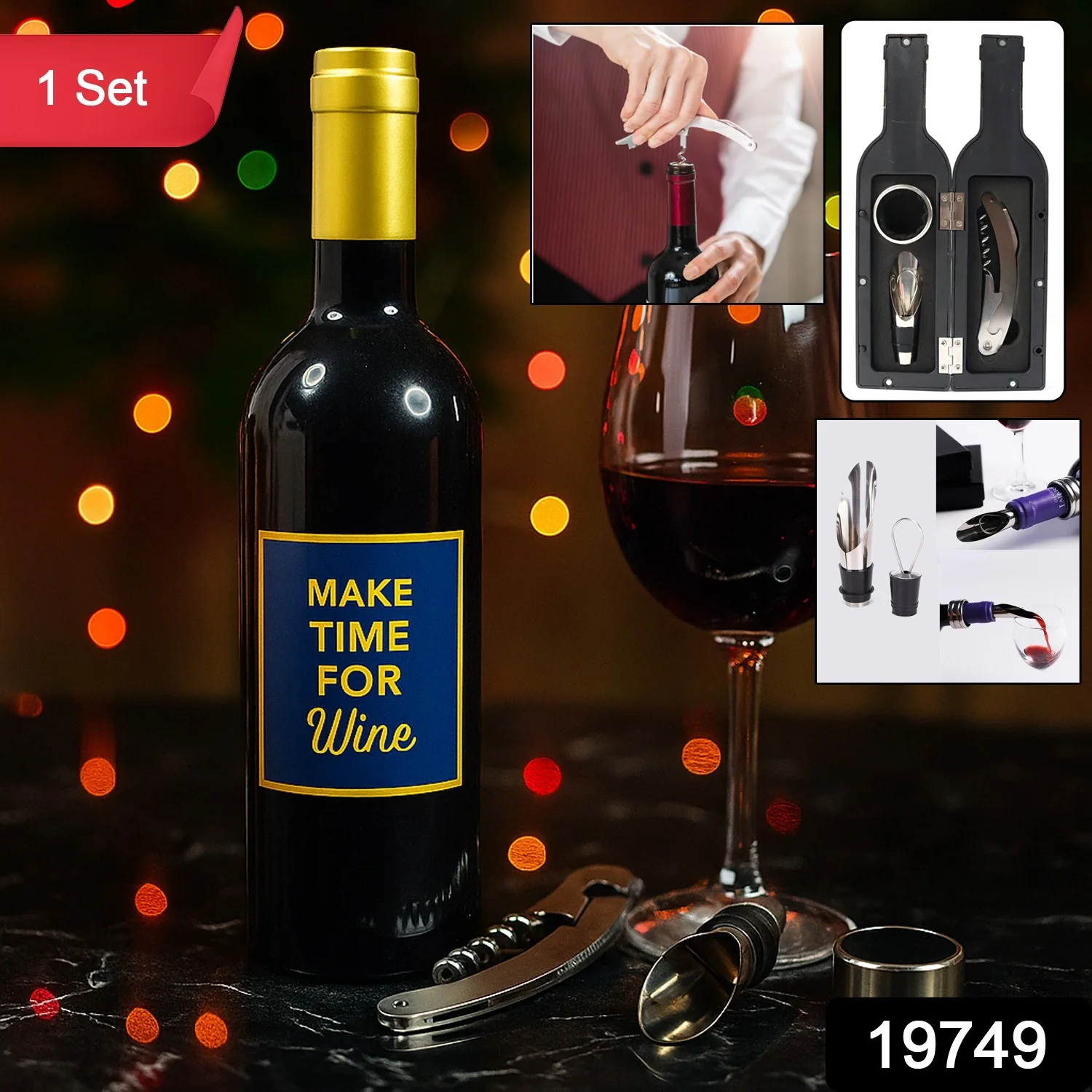 Premium Wine Bottle Shape Bar Accessory Gift Set - Image 2
