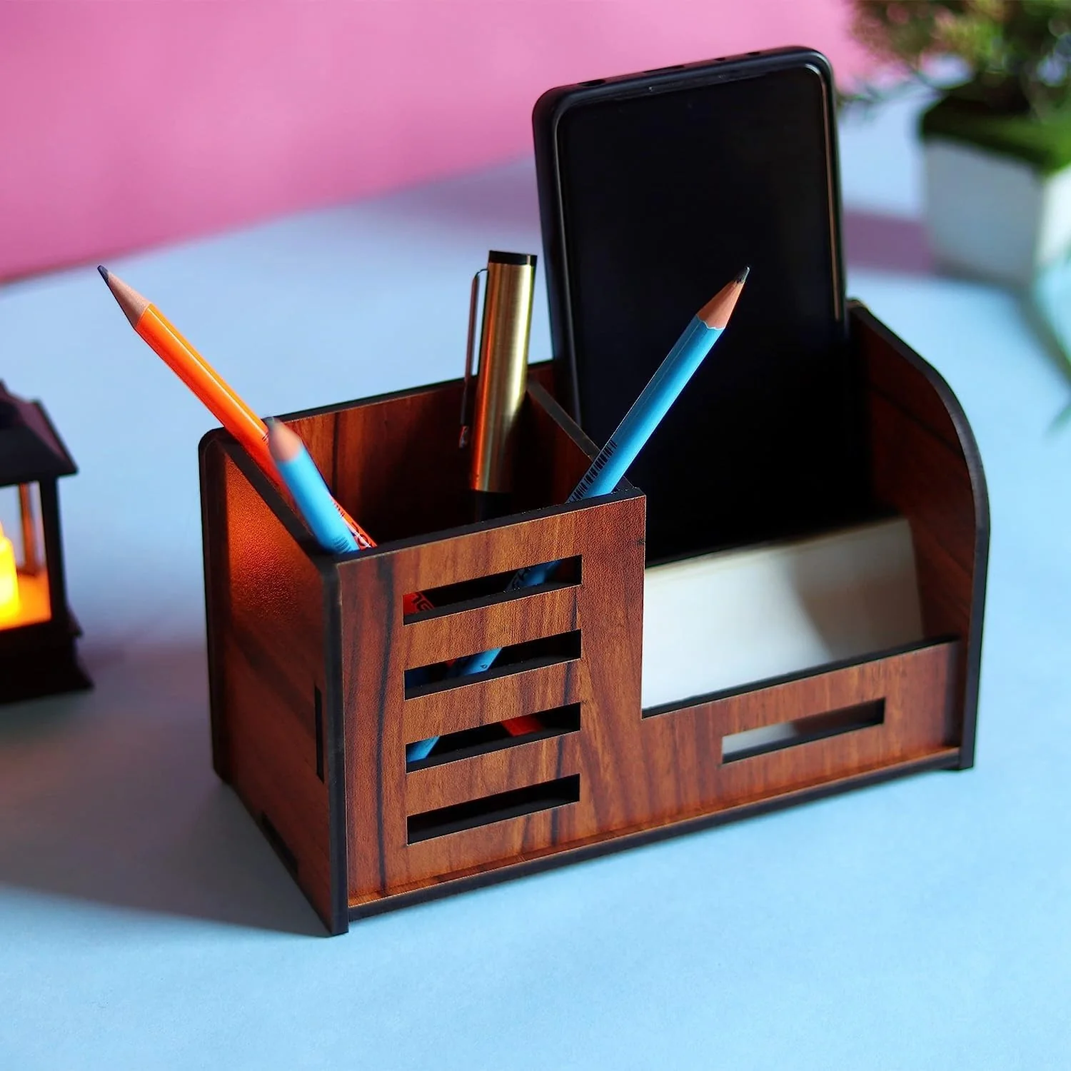 Premium Wooden Desk Organizer with Phone Stand, Pen Holder, Card Holder (1 Pc) - Image 3