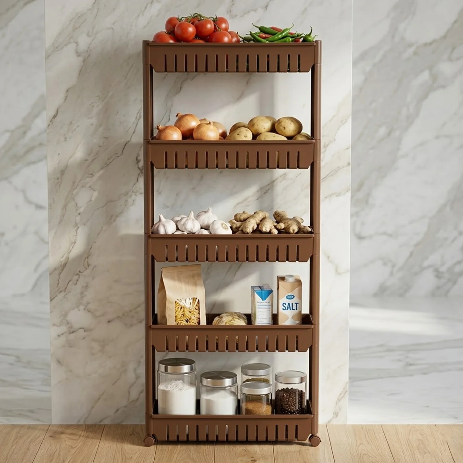Prexo 5 Layer Multipurpose Kitchen Storage Rack Organizer Shelf with Wheels (1 Pc) - Image 3