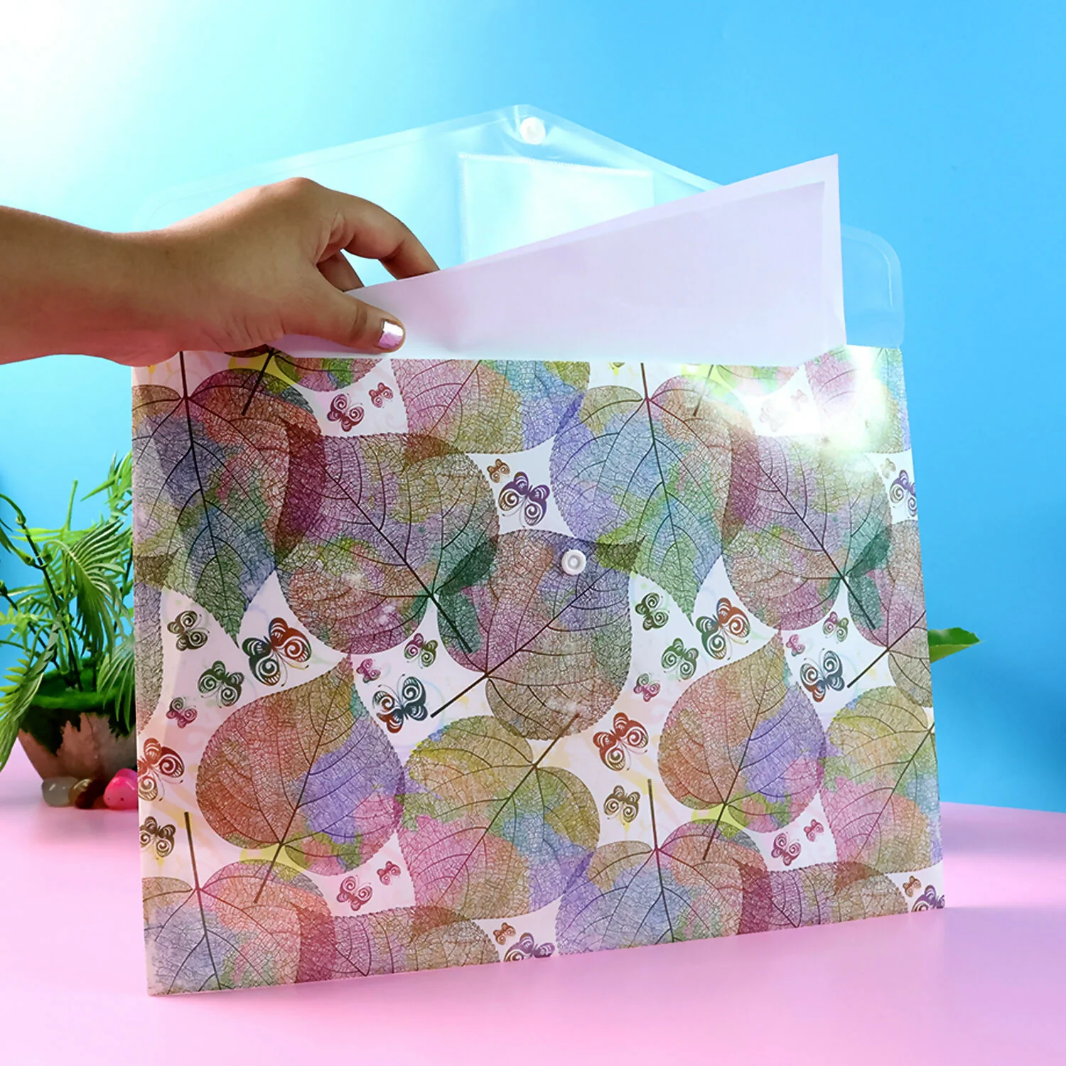 Printed A4 Document Folder – Leaf Design with Button Closure & Label Slot (1 Pc) - Image 3