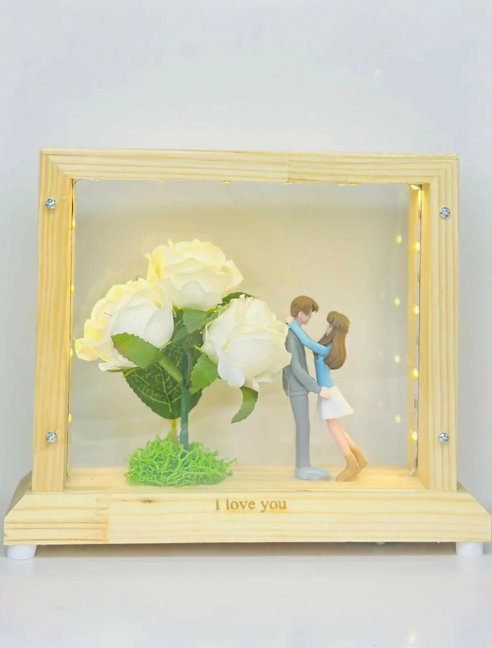 LED Light-Up Wooden Box Frame with Pink Roses & Couple Figurines Romantic Gift - Image 2
