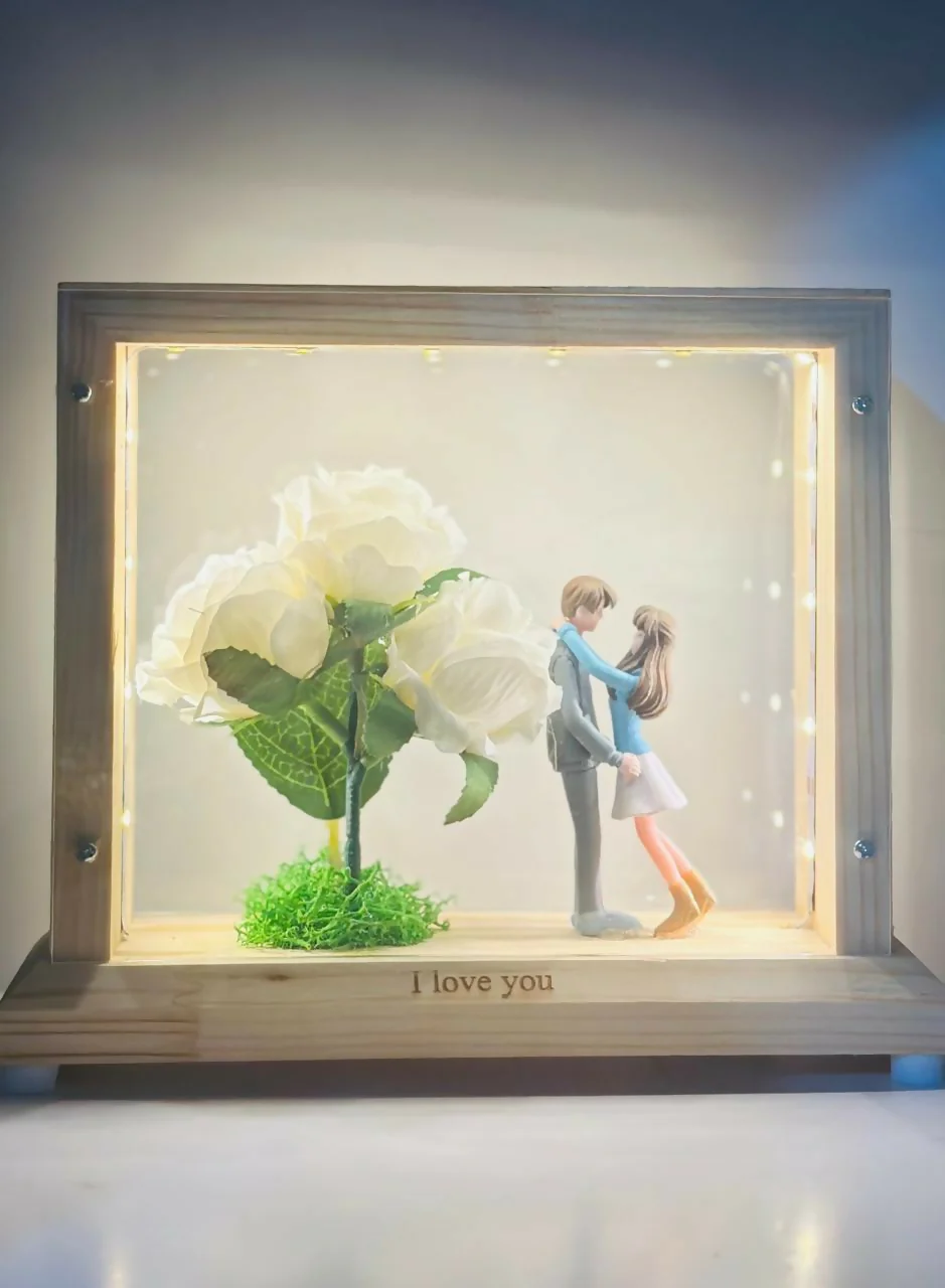 LED Light-Up Wooden Box Frame with Pink Roses & Couple Figurines Romantic Gift - Image 3