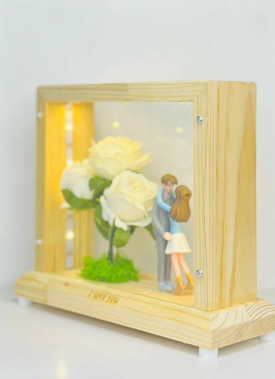 LED Light-Up Wooden Box Frame with Pink Roses & Couple Figurines Romantic Gift - Image 4