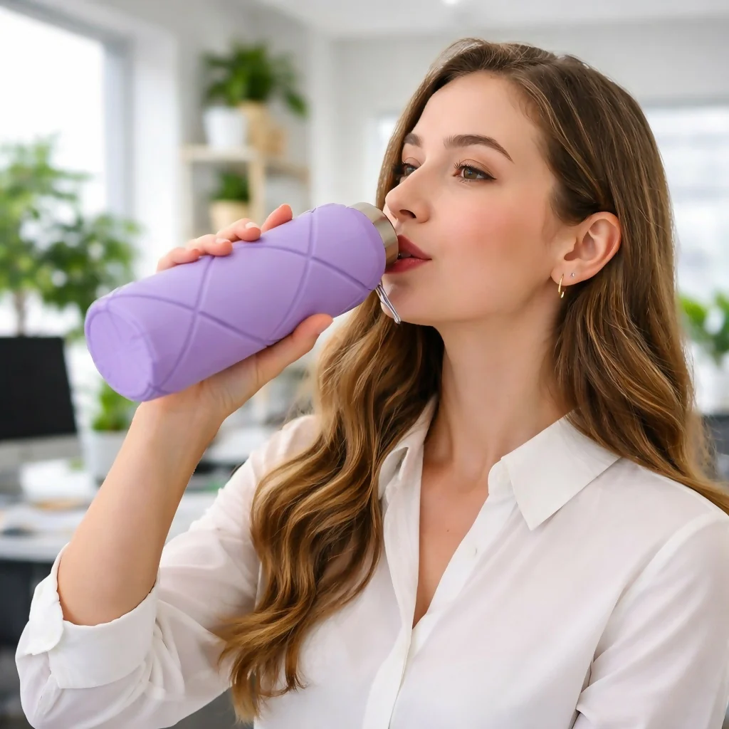 Purple Collapsible Silicone Water Bottle 600ml Leakproof Travel - Image 2