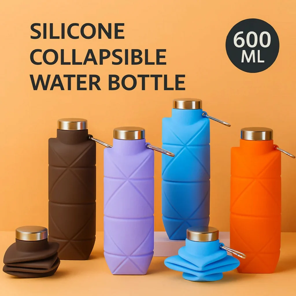 Purple Collapsible Silicone Water Bottle 600ml Leakproof Travel - Image 4
