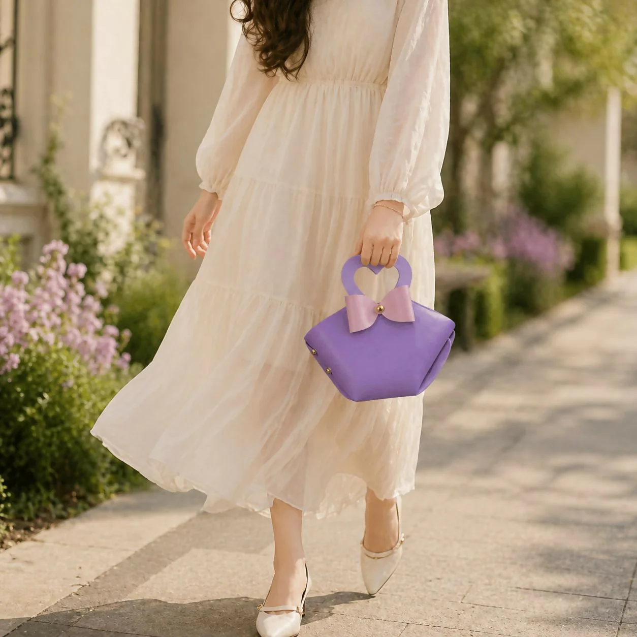 Purple Mini Handbag with Heart Handle Bow Design Compact Cute Purse - Image 2