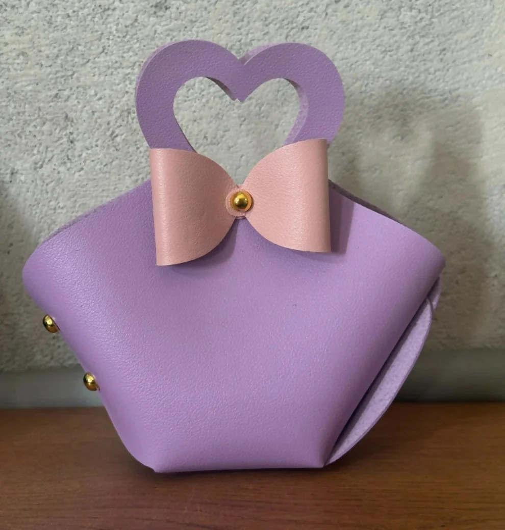 Purple Mini Handbag with Heart Handle Bow Design Compact Cute Purse - Image 6