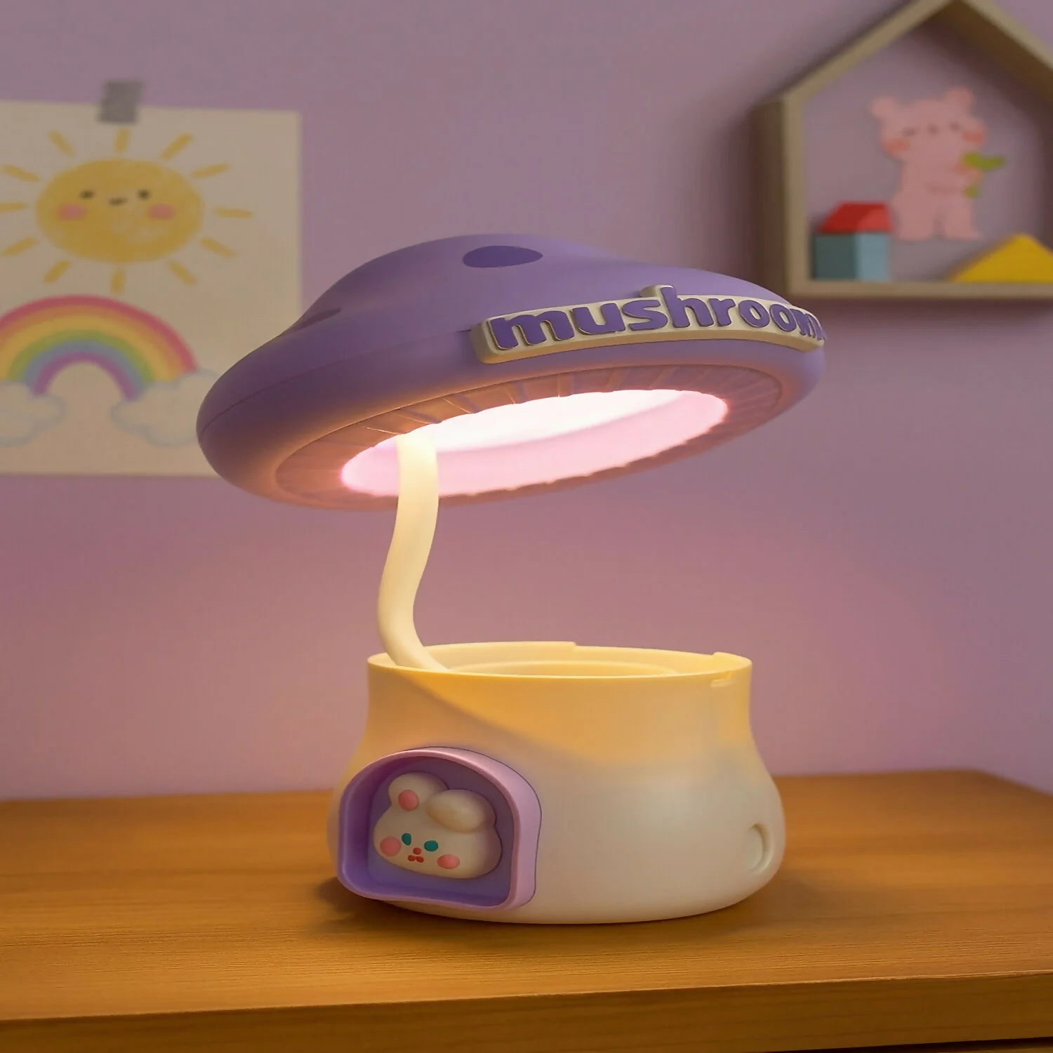 Purple Mushroom LED Study Lamp with Pencil Sharpener & USB Charging - Image 3
