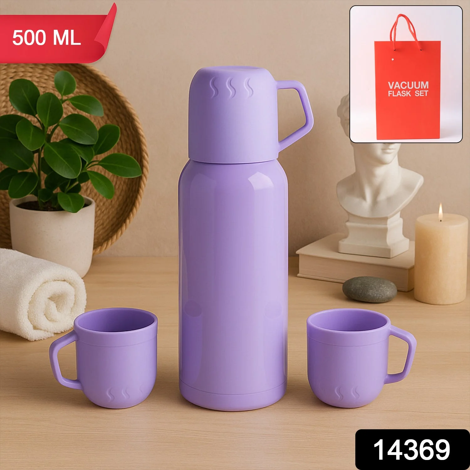 Purple Vacuum Flask Set – Stainless Steel Thermos with 3 Cups, Approx 500ml - Image 2