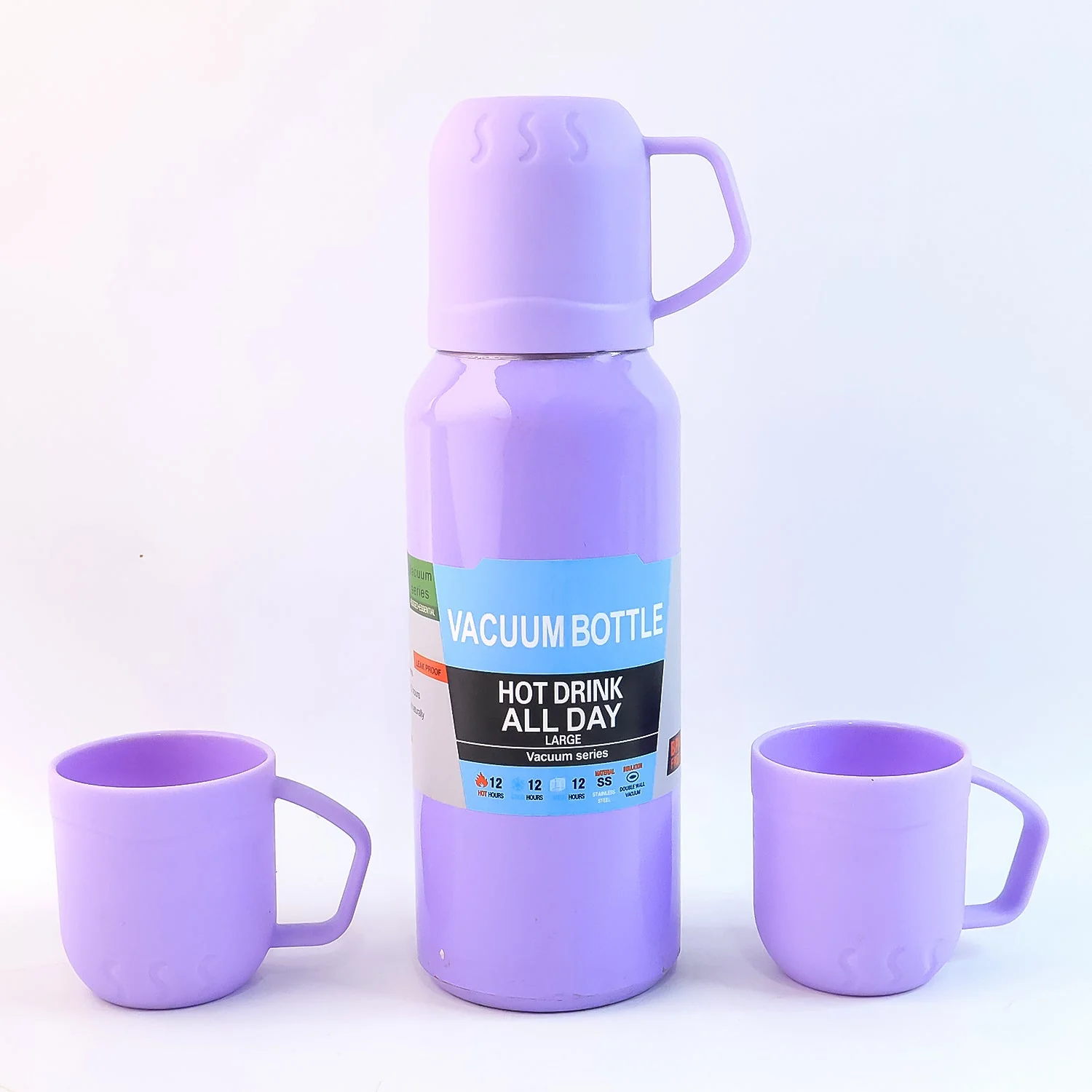Purple Vacuum Flask Set – Stainless Steel Thermos with 3 Cups, Approx 500ml - Image 5