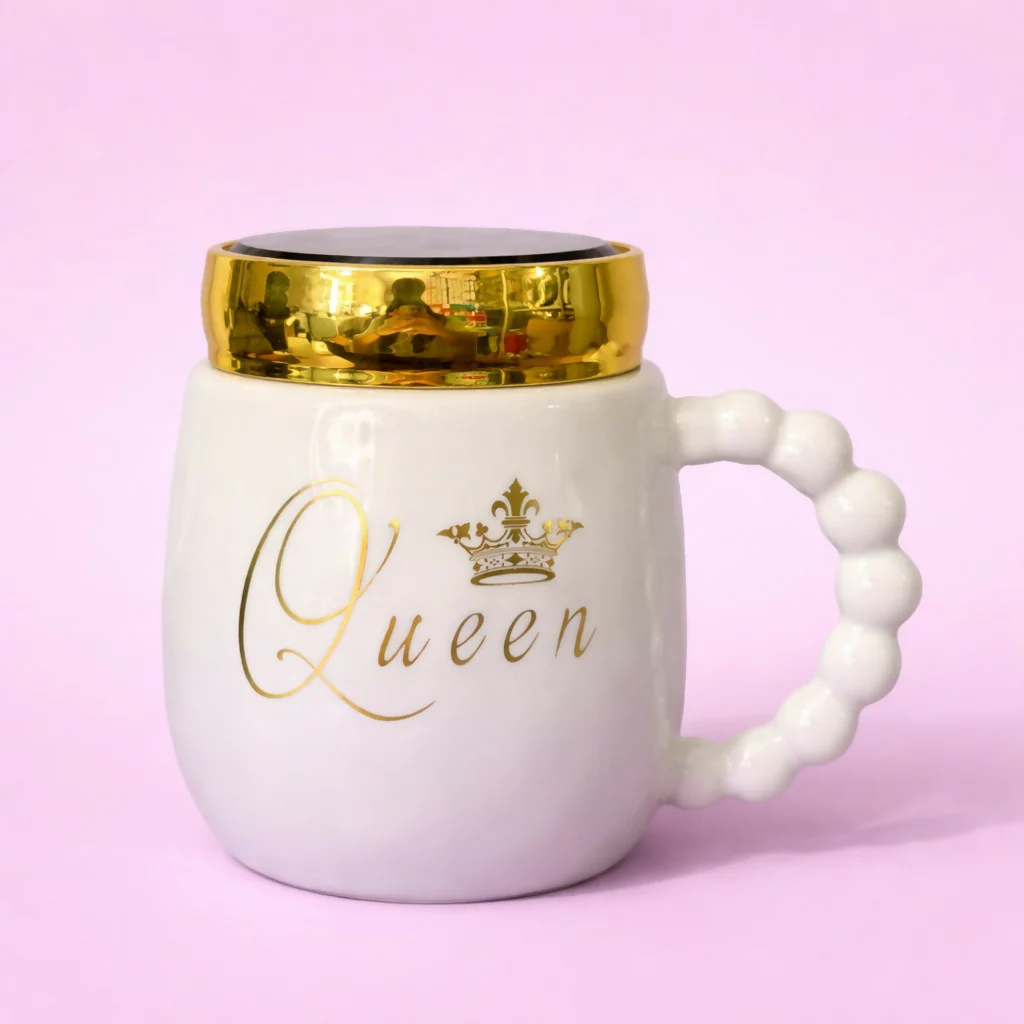 Queen Ceramic Mug with Lid & Beaded Handle Coffee Cup - Image 2
