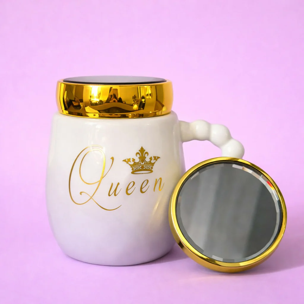 Queen Ceramic Mug with Lid & Beaded Handle Coffee Cup - Image 3