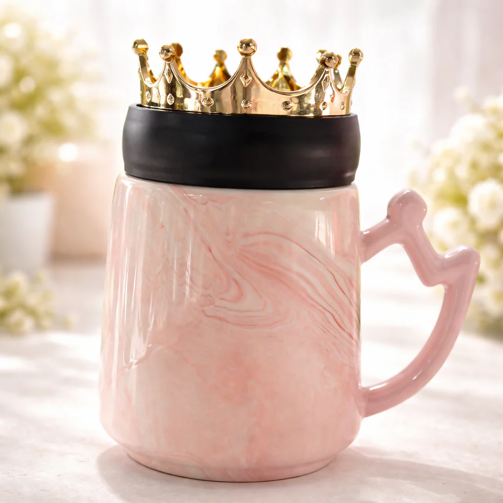 Queen Crown Ceramic Mug with Lid | Luxury Coffee & Tea Mug | Pink - Image 2