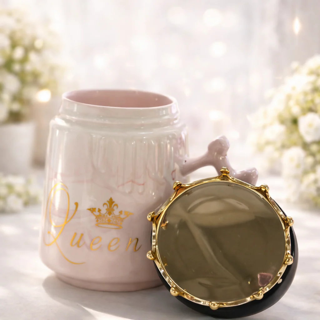 Queen Crown Ceramic Mug with Lid | Luxury Coffee & Tea Mug | Pink - Image 3