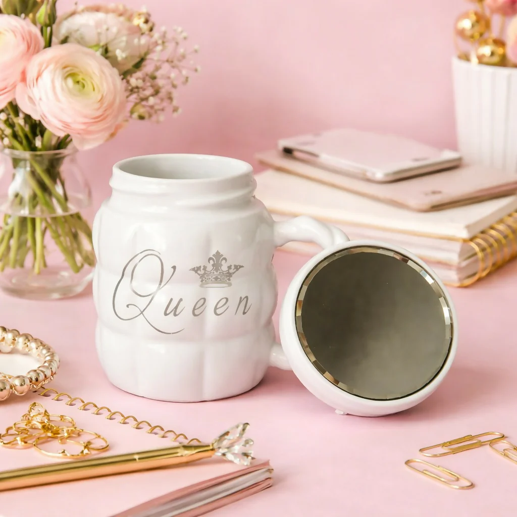 Queen Printed Ceramic Mug with Lid Mirror Stylish Coffee Cup - Image 2