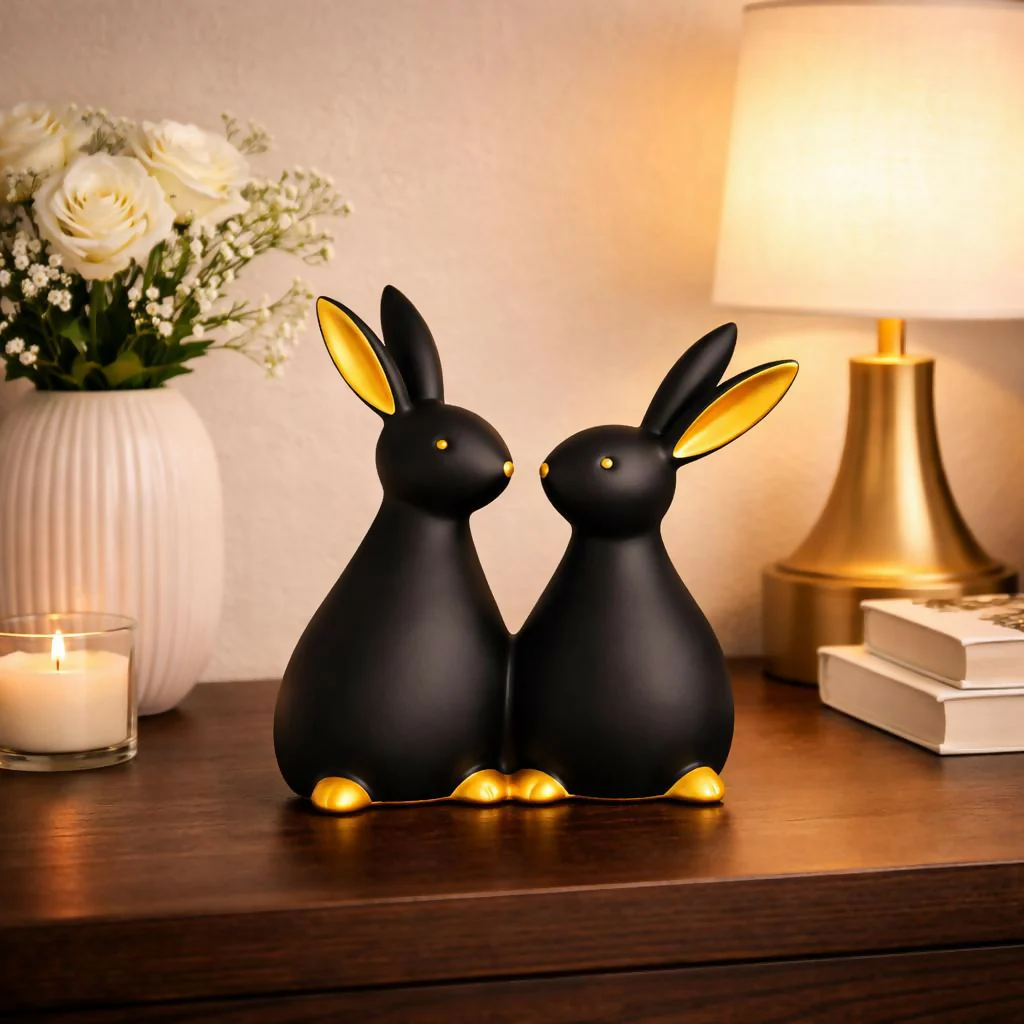 Rabbit Couple Showpiece for Home Decor with Gold Accents - Image 3