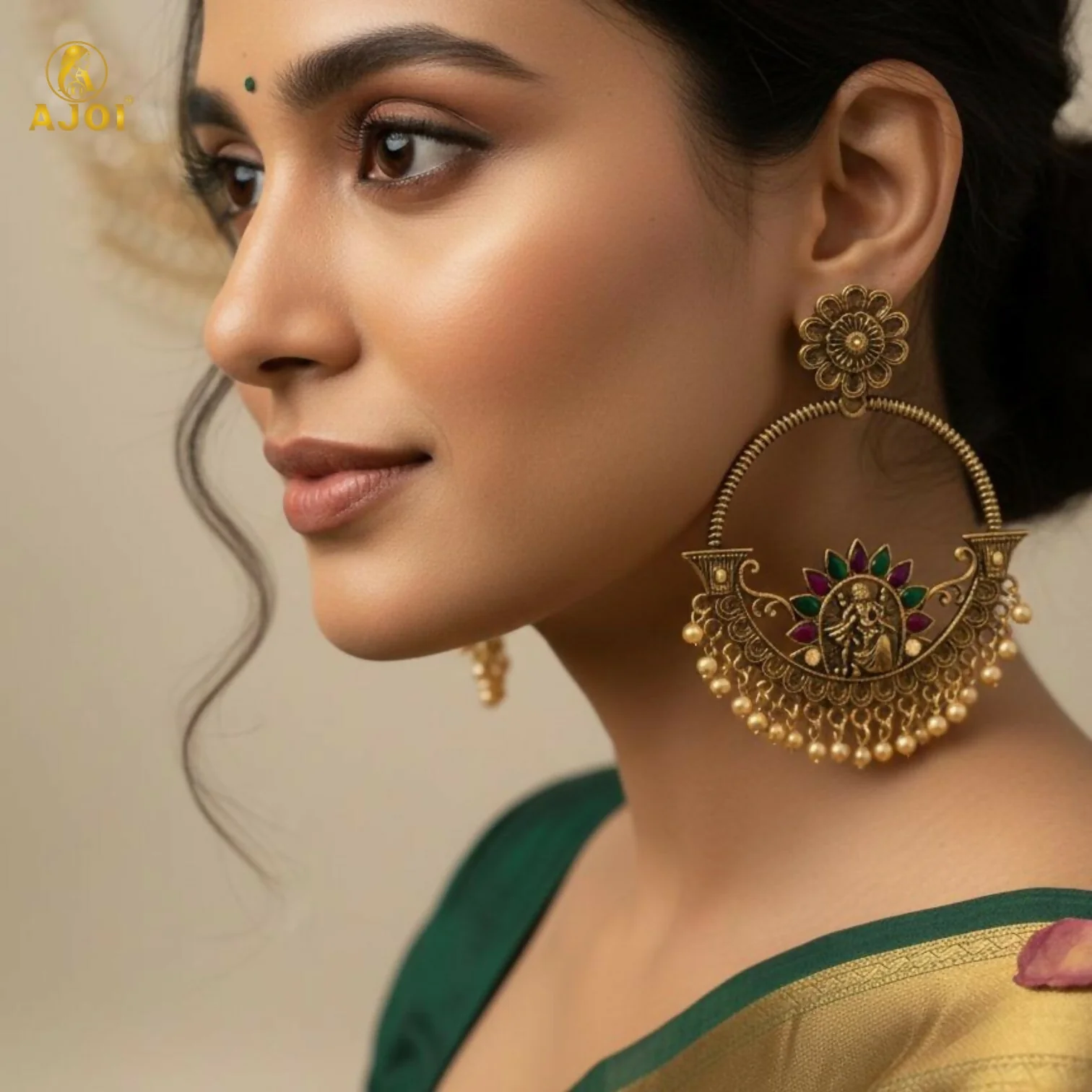 Radha Krishna Central Goddess Chandbali Earrings - Image 2