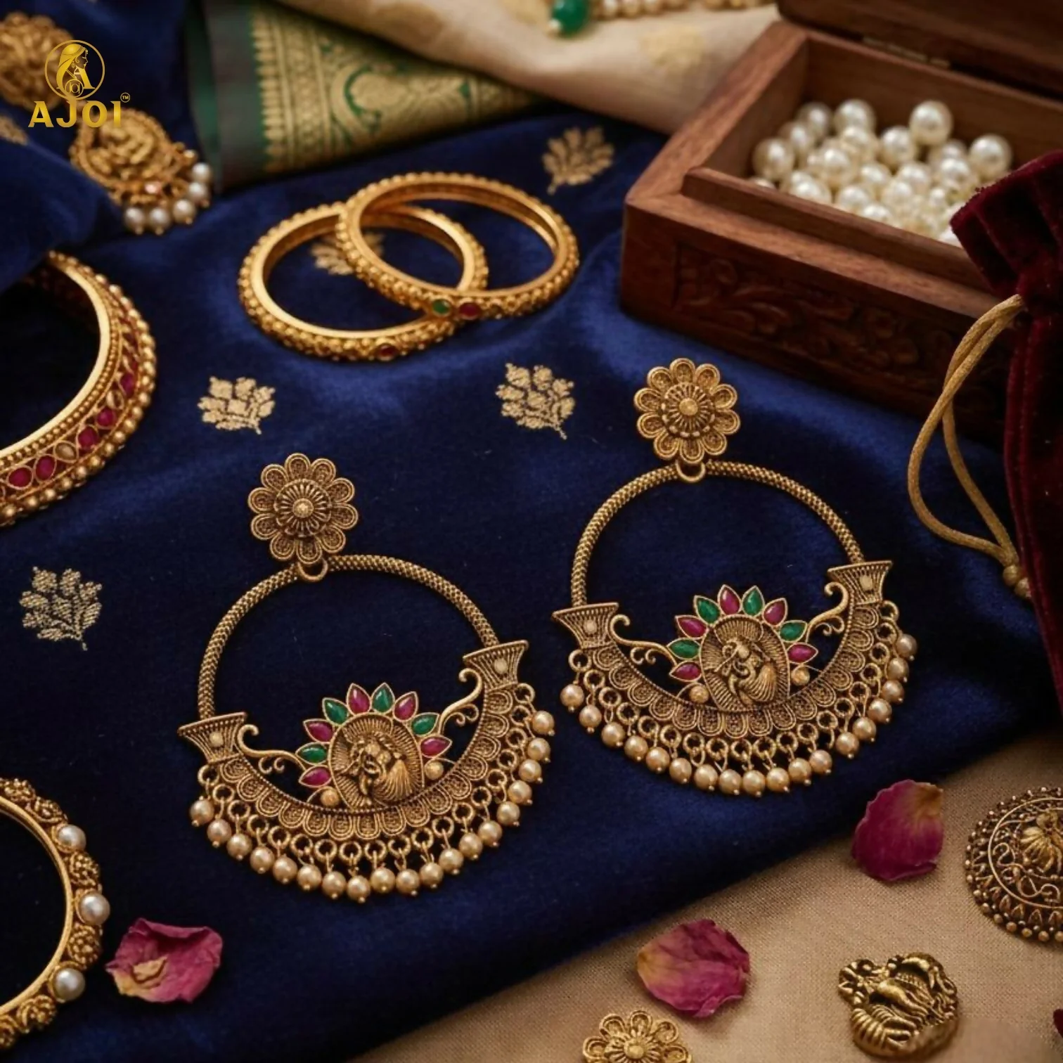 Radha Krishna Central Goddess Chandbali Earrings - Image 3