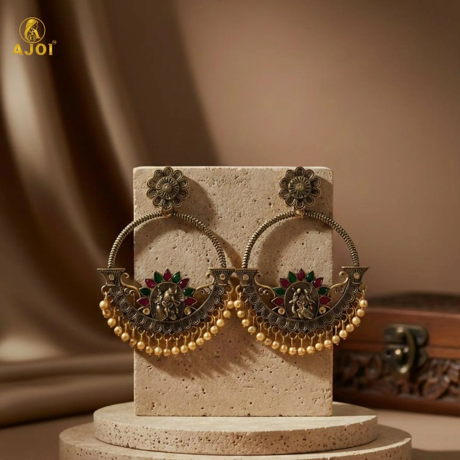 Radha Krishna Central Goddess Chandbali Earrings - Image 4