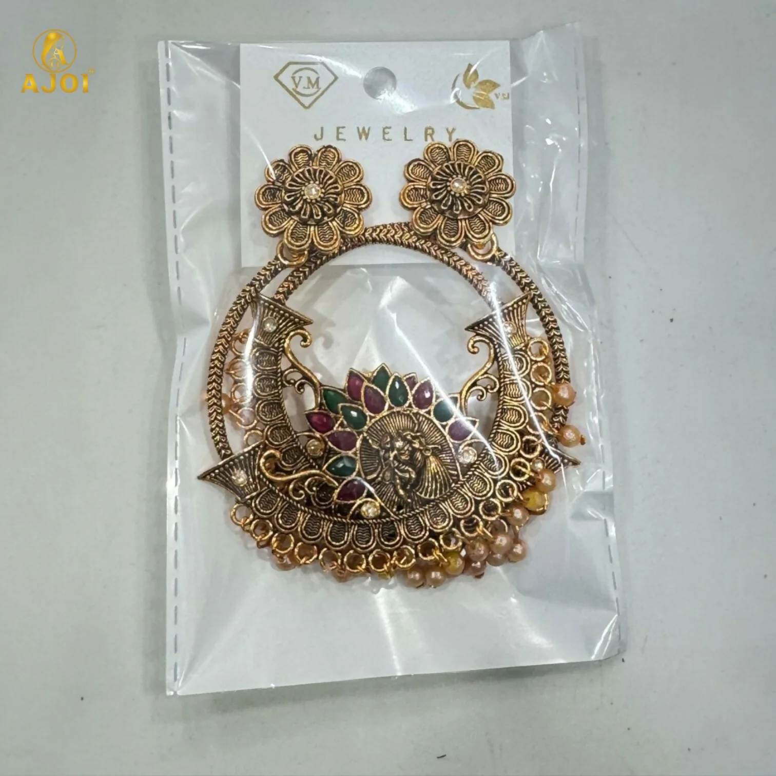 Radha Krishna Central Goddess Chandbali Earrings - Image 5