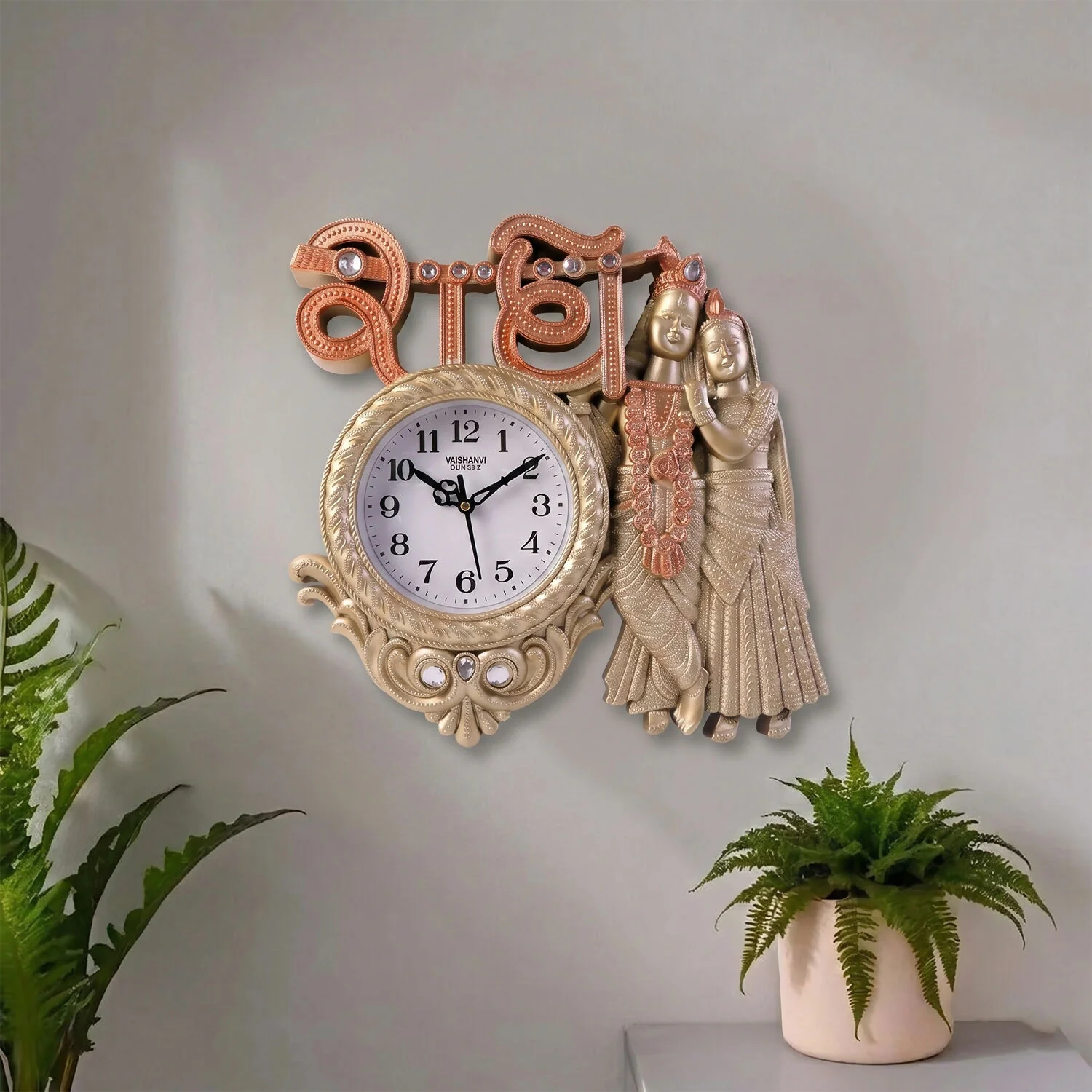 Radha Krishna Divine Designer Wall Clock with Radhe Text Antique Finish Decorative Home & Pooja Wall Clock - Image 2