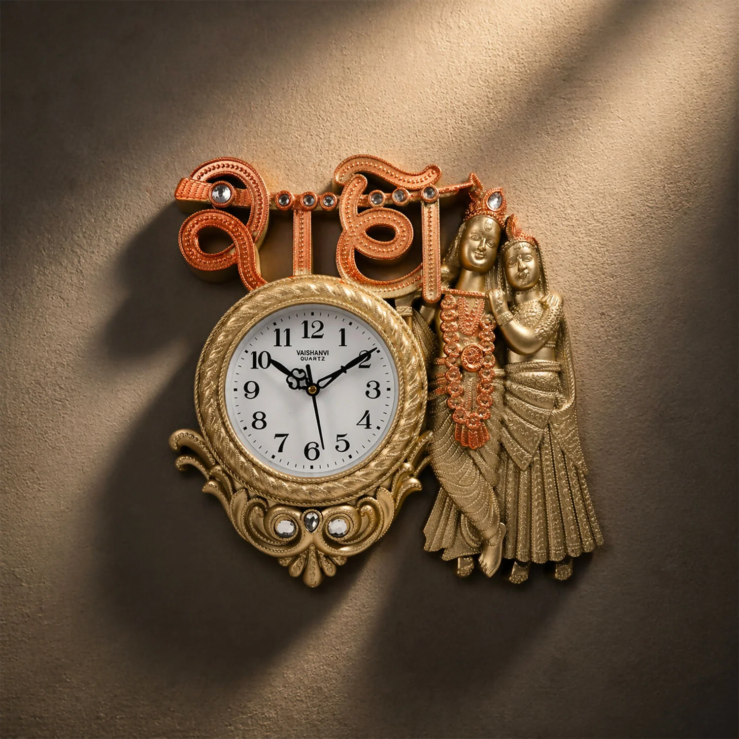 Radha Krishna Divine Designer Wall Clock with Radhe Text Antique Finish Decorative Home & Pooja Wall Clock - Image 4