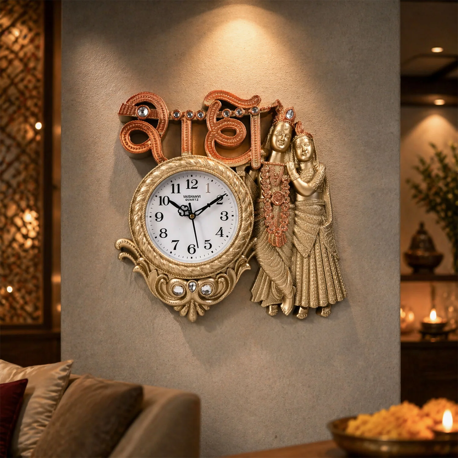 Radha Krishna Divine Designer Wall Clock with Radhe Text Antique Finish Decorative Home & Pooja Wall Clock - Image 5