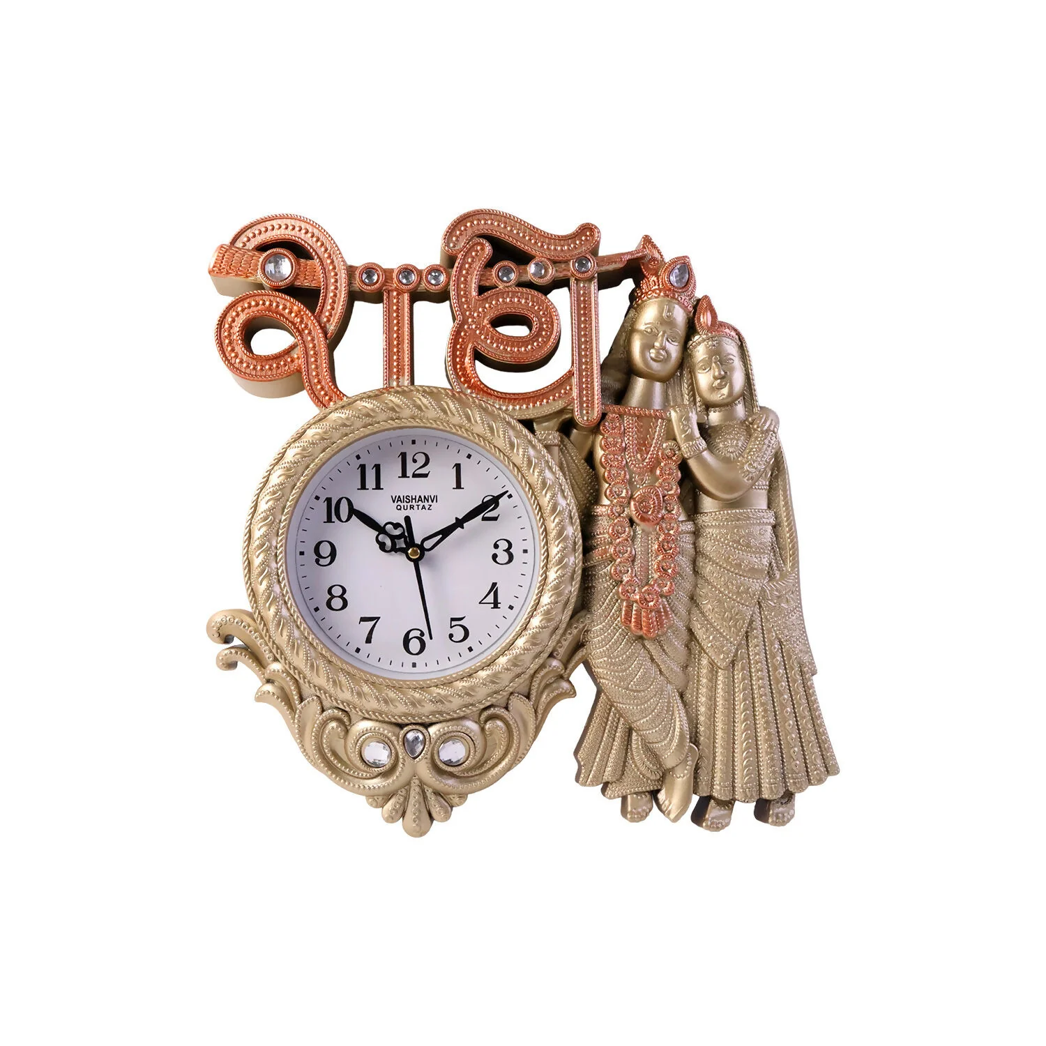 Radha Krishna Divine Designer Wall Clock with Radhe Text Antique Finish Decorative Home & Pooja Wall Clock - Image 6