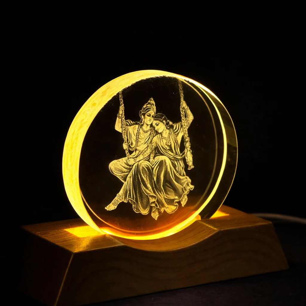 Radha Krishna Engraved Acrylic LED Night Lamp with Wooden Base for Home Decor - Image 2