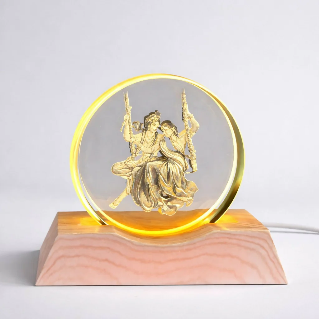 Radha Krishna Engraved Acrylic LED Night Lamp with Wooden Base for Home Decor - Image 3