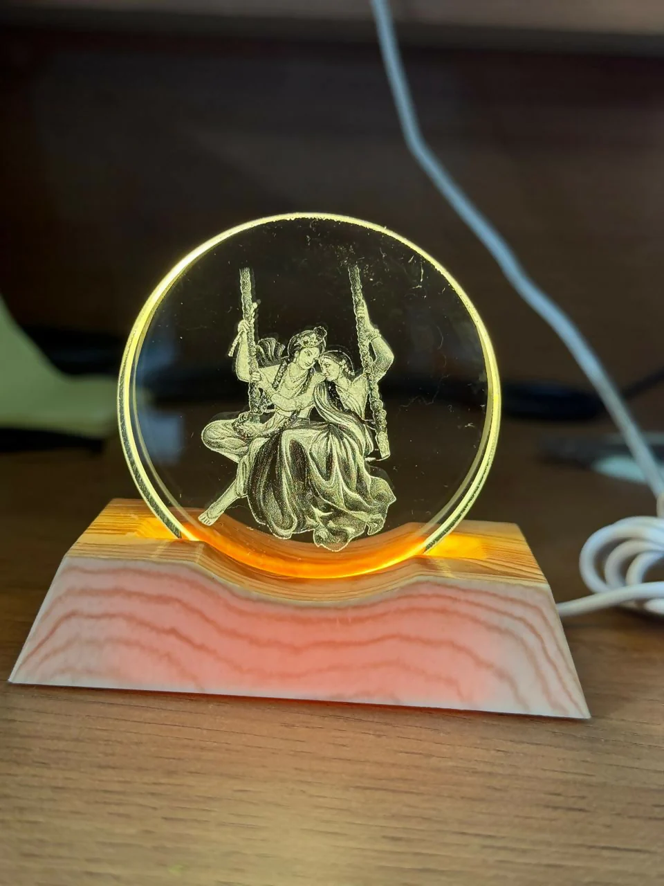 Radha Krishna Engraved Acrylic LED Night Lamp with Wooden Base for Home Decor - Image 4