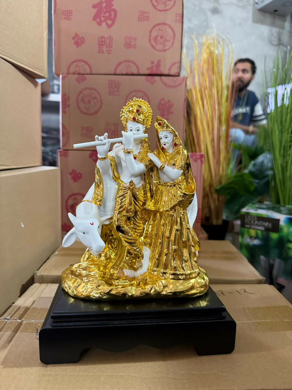 Radha Krishna with Cow Idol White and Golden Finish Statue for Home Temple Decor - Image 5