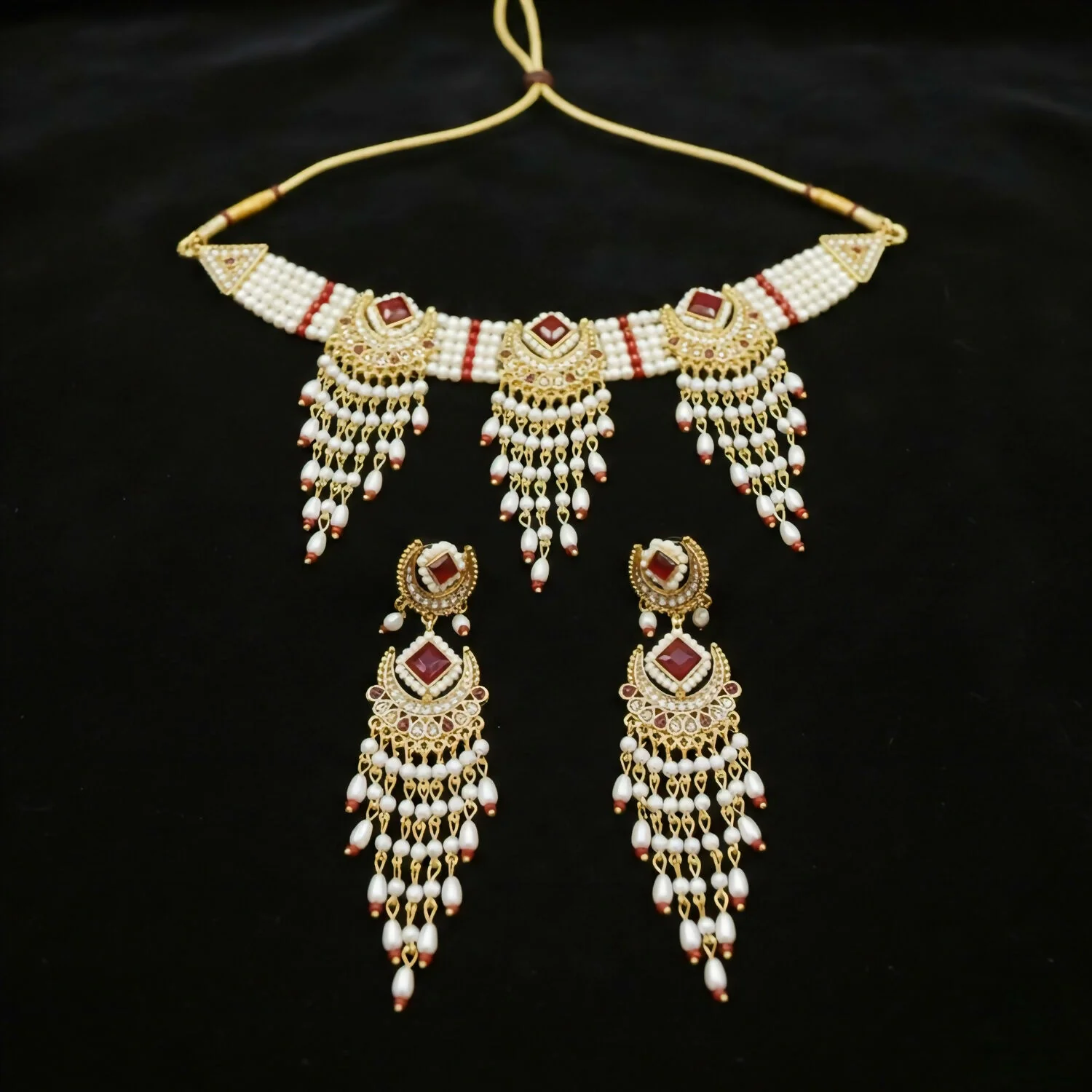 Radiant Ruby & Pearl Chandbali Choker Set with Matching Statement Earrings - Image 2