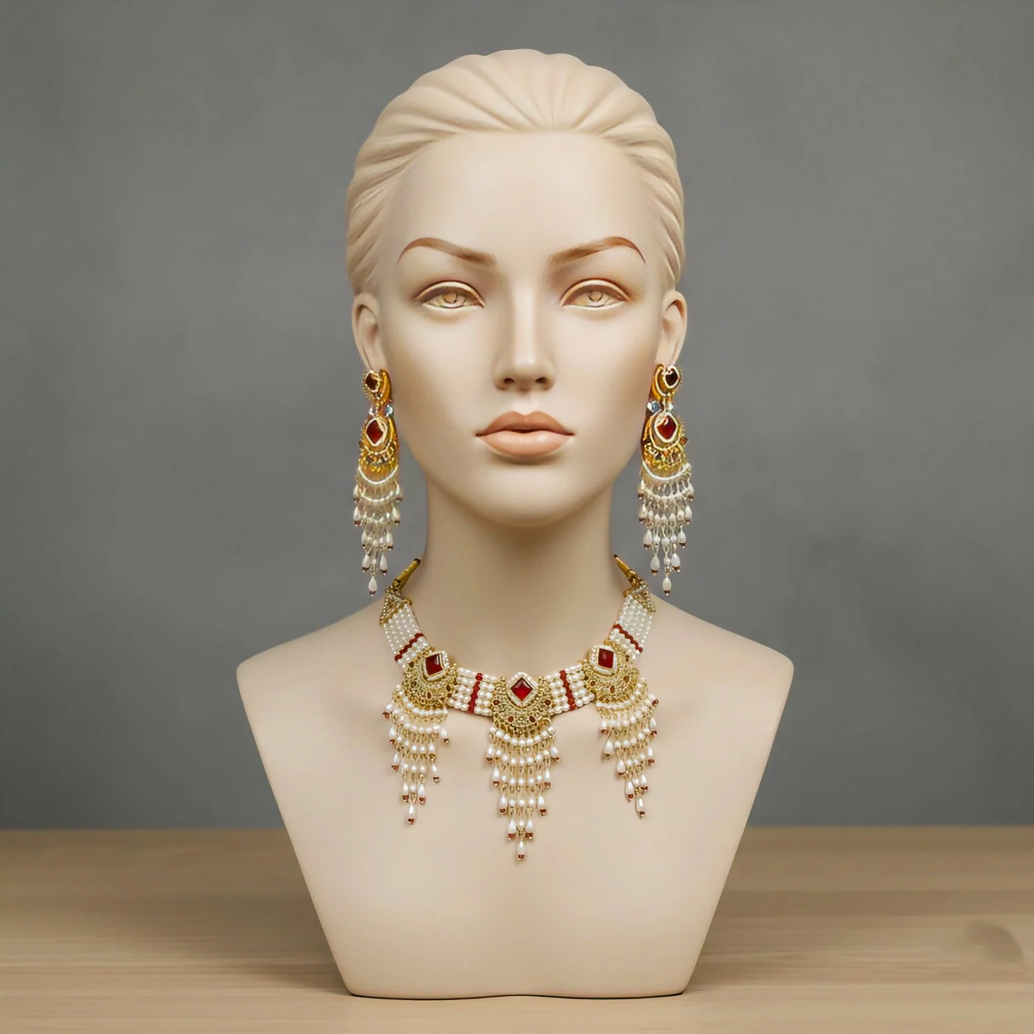 Radiant Ruby & Pearl Chandbali Choker Set with Matching Statement Earrings - Image 3