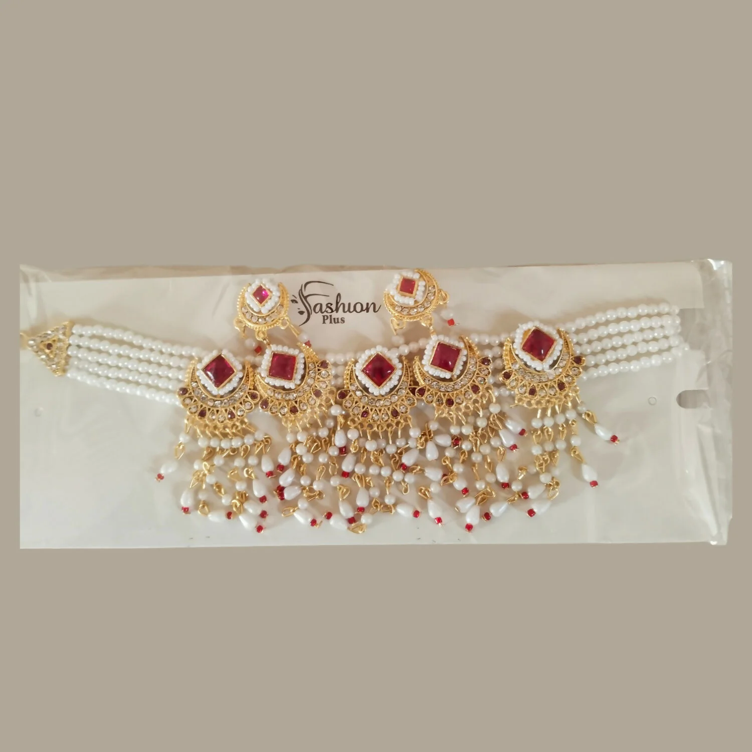 Radiant Ruby & Pearl Chandbali Choker Set with Matching Statement Earrings - Image 4