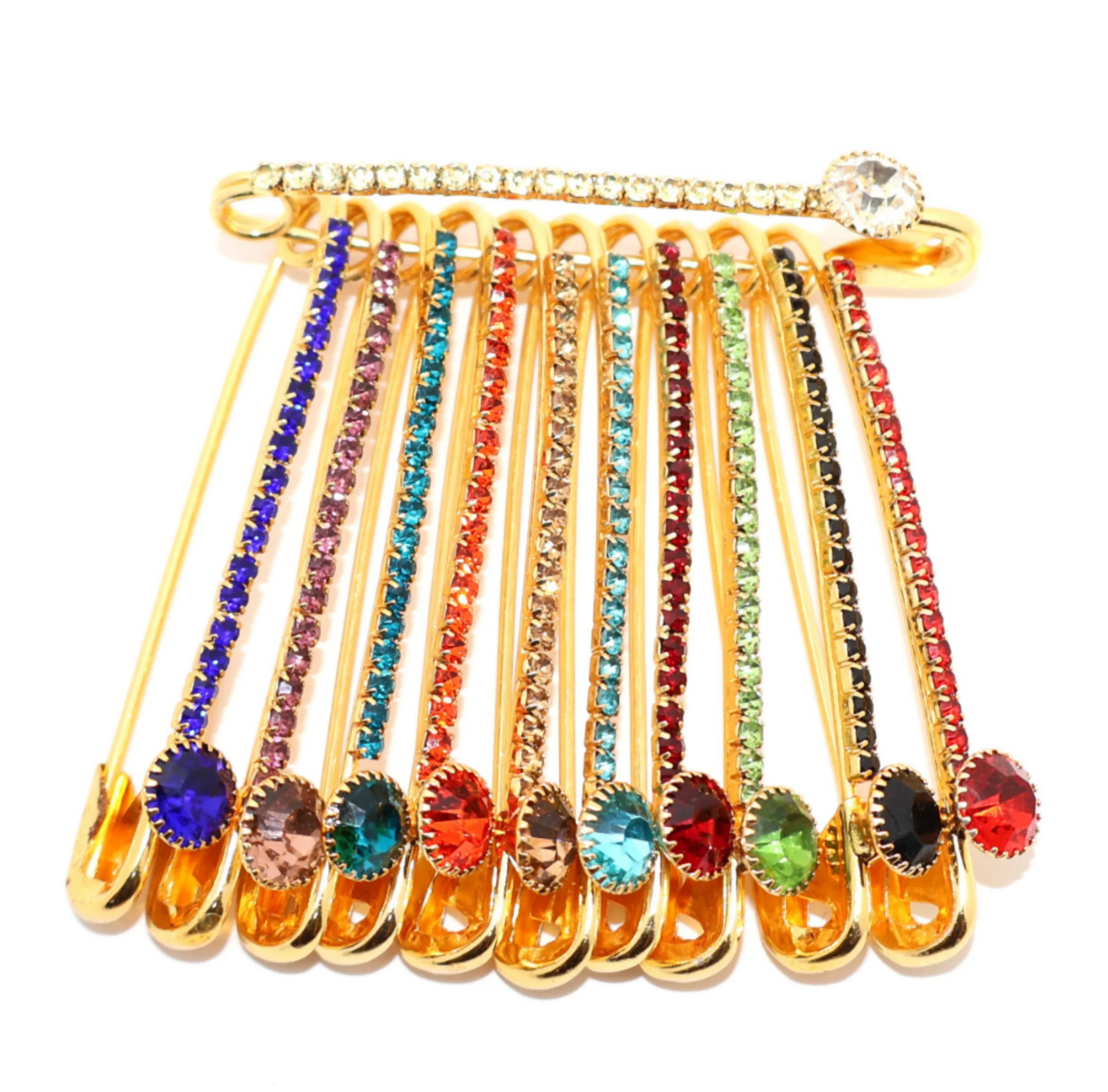 Rainbow Crystal Safety Pin Brooch - Gold Tone Multi-Color Rhinestone Pin - Image 2
