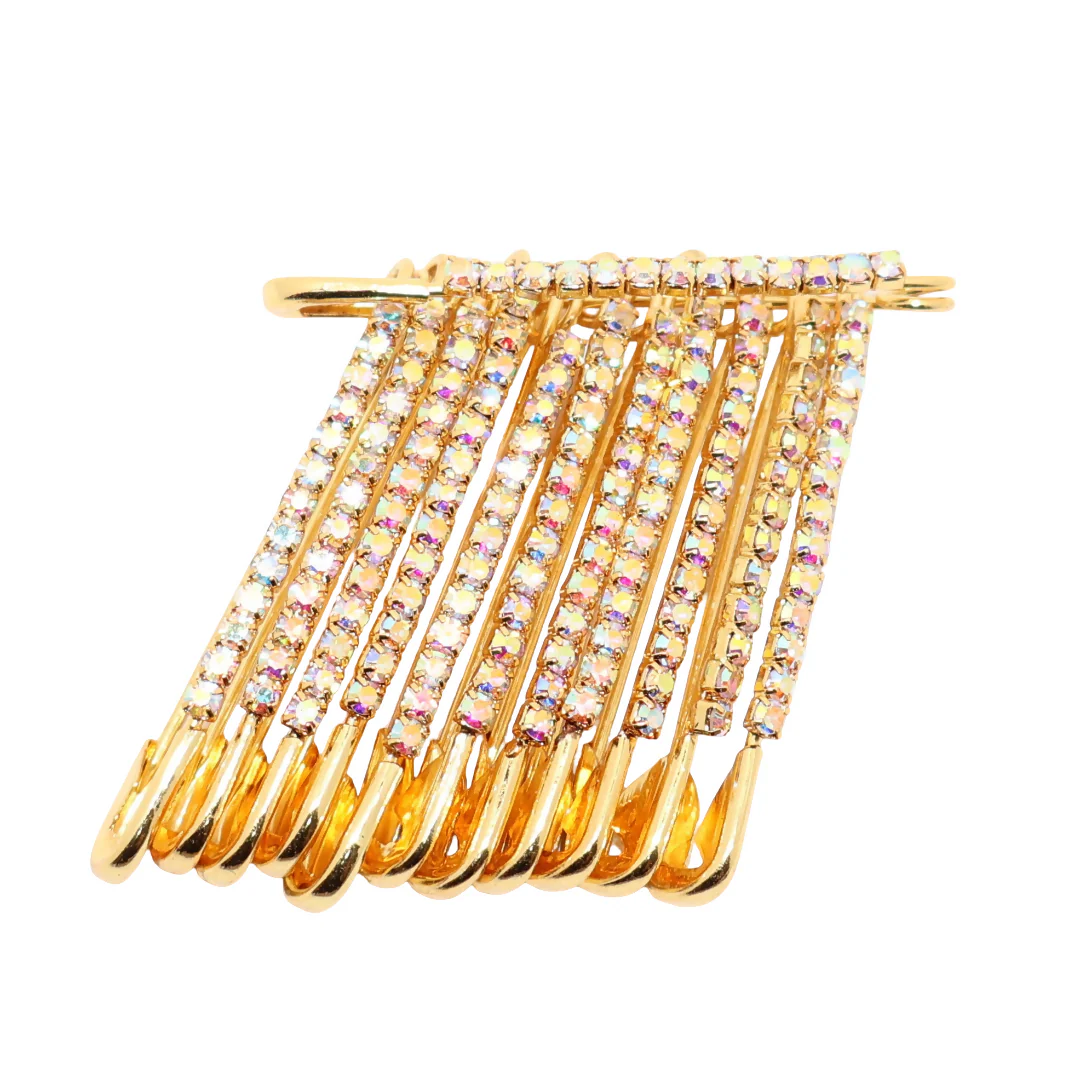Rainbow Rhinestone Gold Saree Pin Brooch Set (12pcs, 4cm, Medium) - Image 2