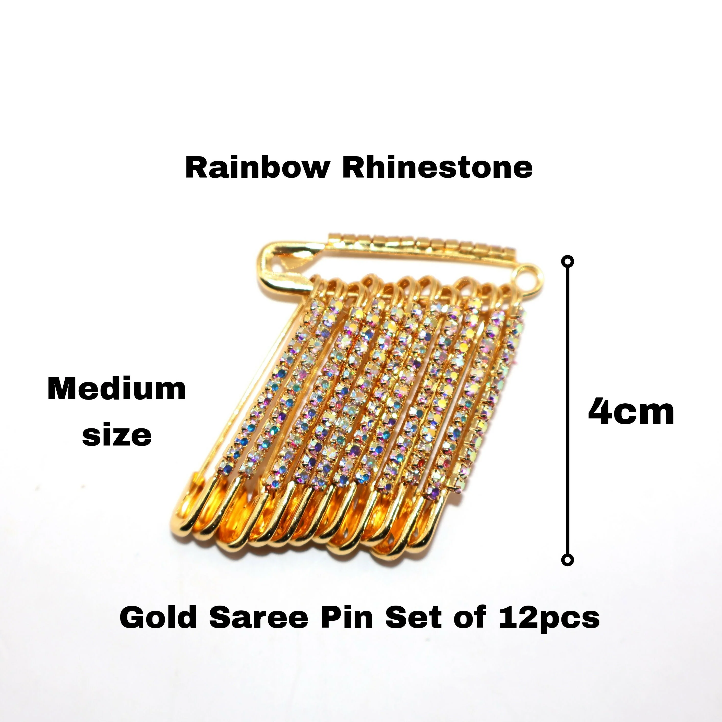 Rainbow Rhinestone Gold Saree Pin Brooch Set (12pcs, 4cm, Medium) - Image 3