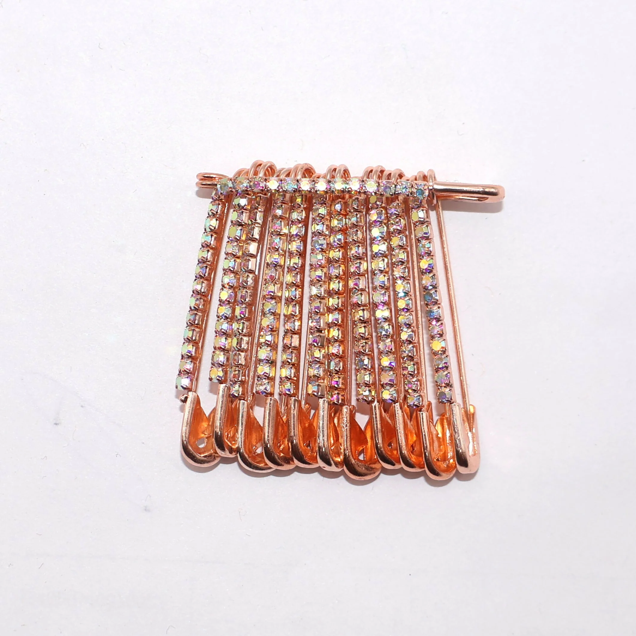 Rainbow Rhinestone Rose Gold Saree Pin Brooch Set (12pcs, 4cm, Medium) - Image 2