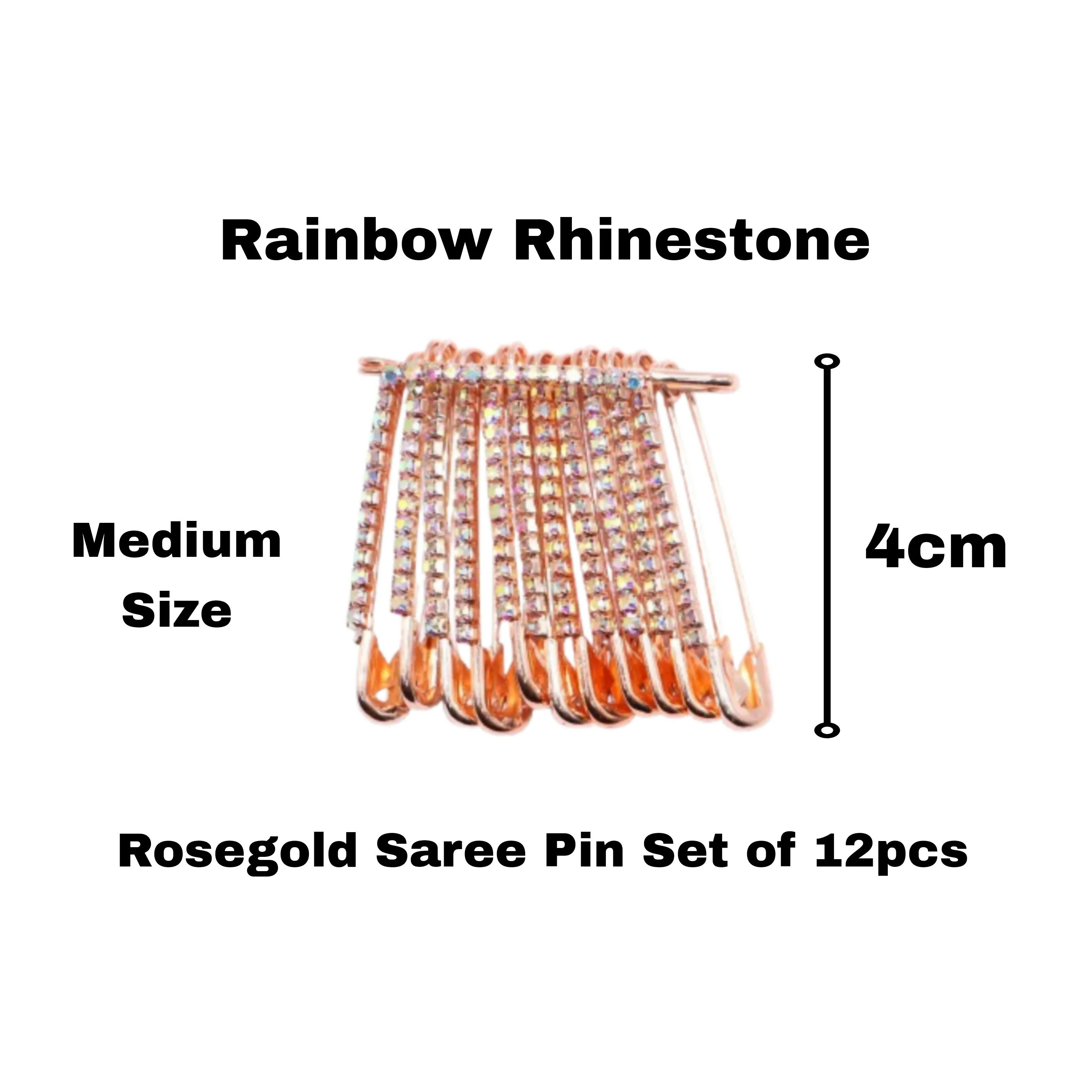 Rainbow Rhinestone Rose Gold Saree Pin Brooch Set (12pcs, 4cm, Medium) - Image 3