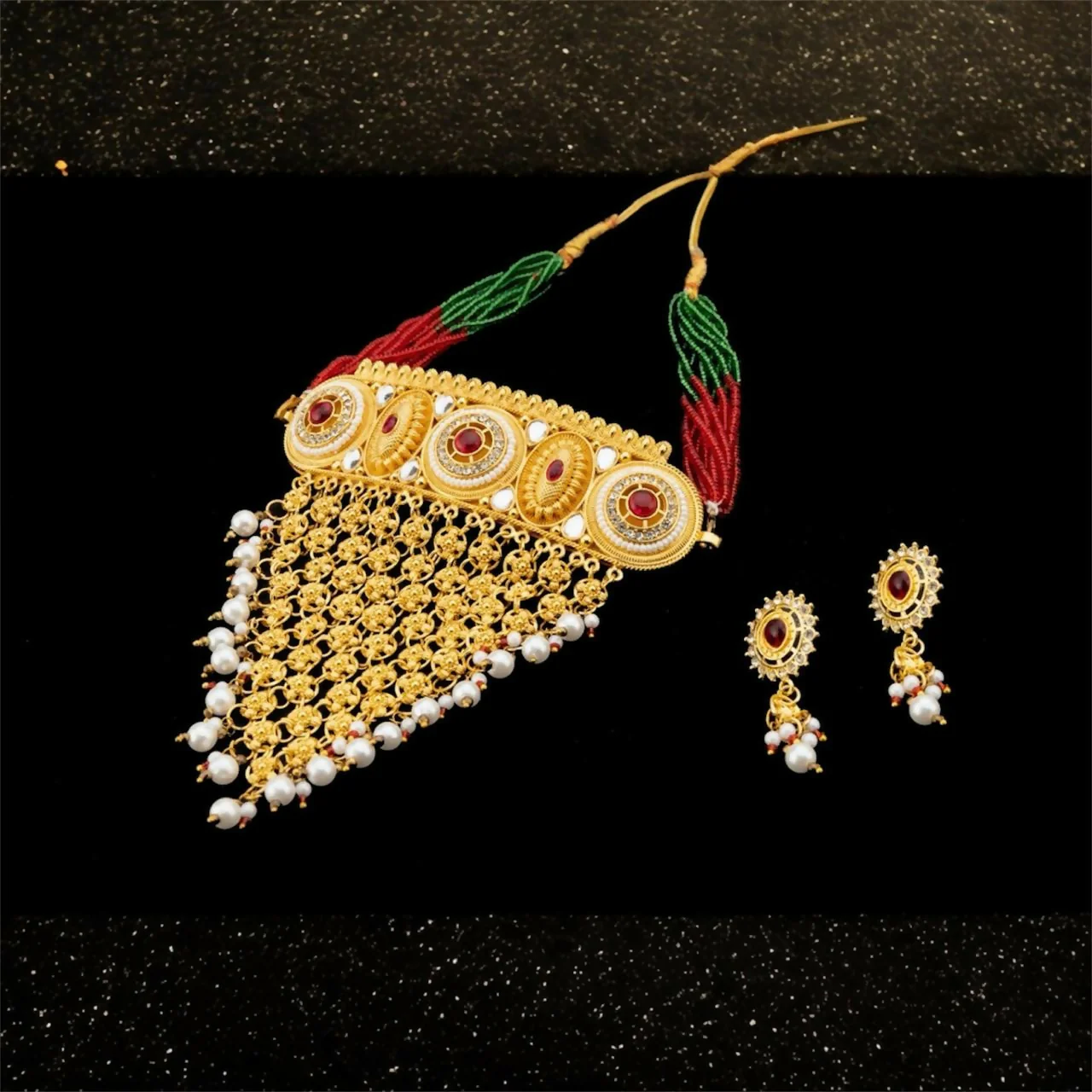 Rajasthani Borla Aad And Rajputi Poshak Jewellery Set with Earrings for Women & Girls - Image 4