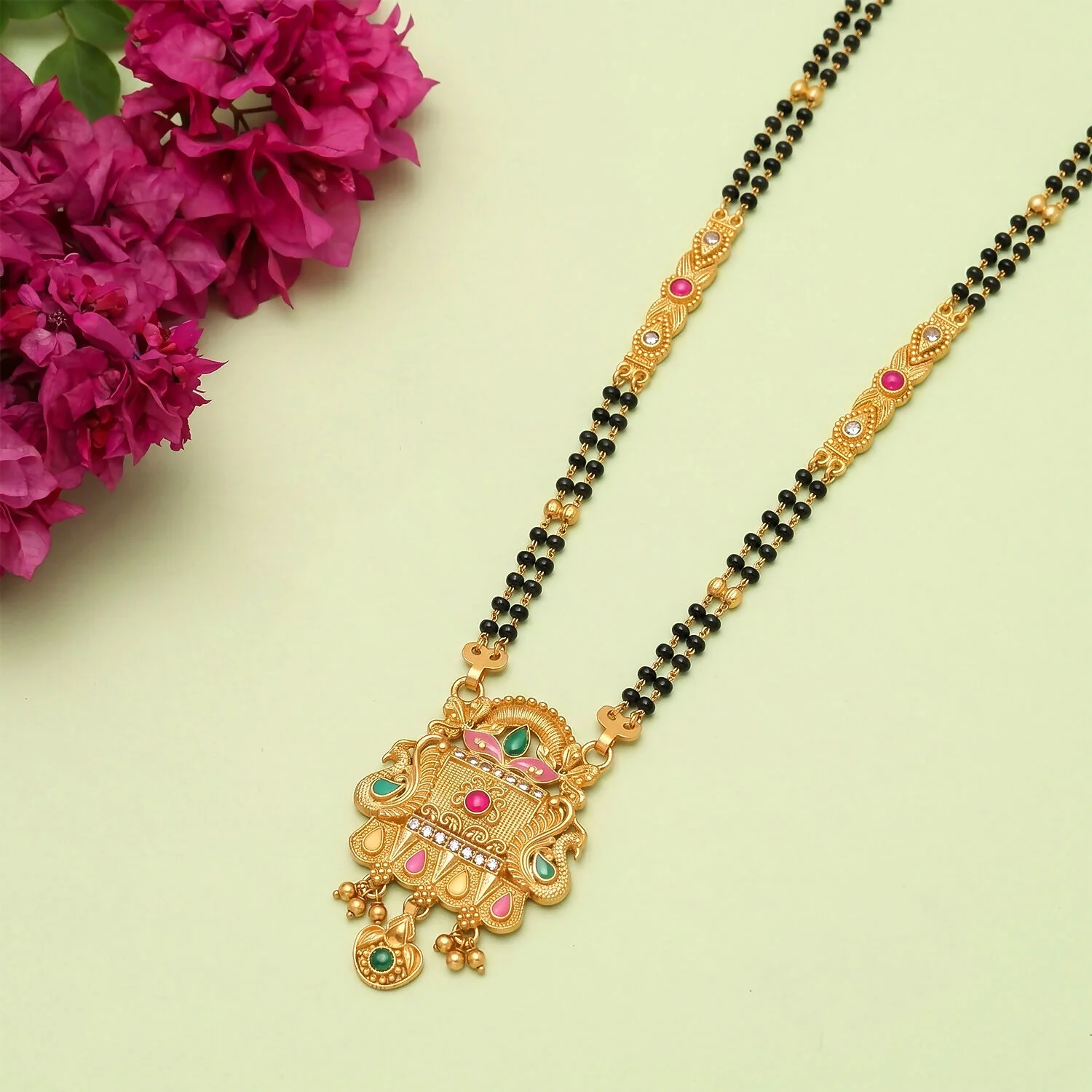 Rajwadi Temple Gate Pendant with Pink Leaf & Emerald Drops Long Double Strand Mangalsutra - Image 2
