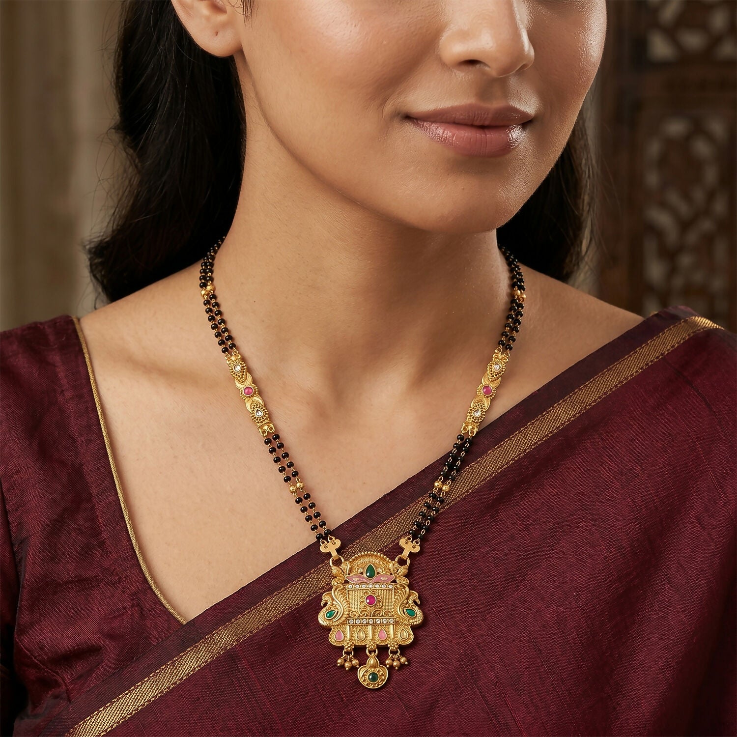 Rajwadi Temple Gate Pendant with Pink Leaf & Emerald Drops Long Double Strand Mangalsutra - Image 3