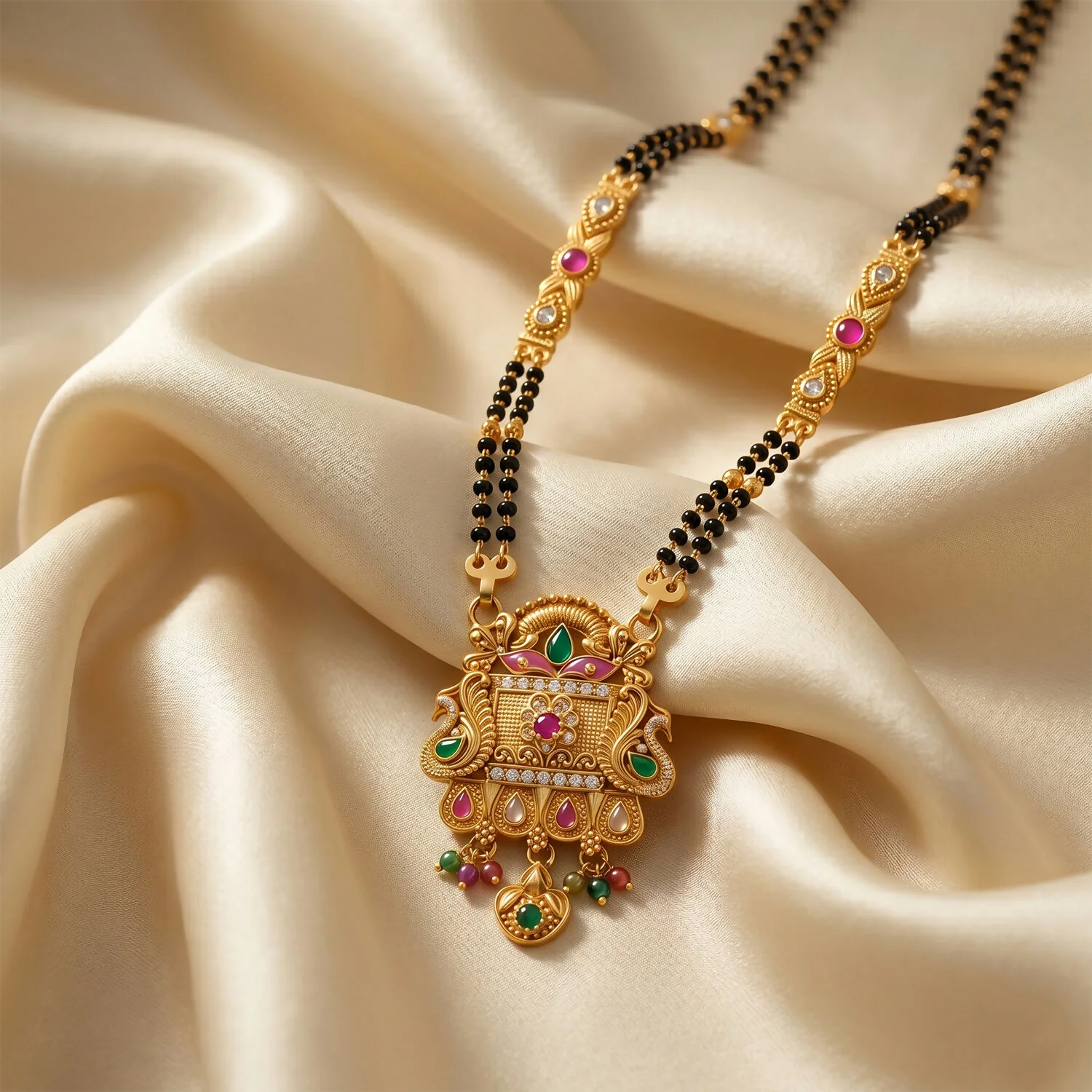 Rajwadi Temple Gate Pendant with Pink Leaf & Emerald Drops Long Double Strand Mangalsutra - Image 4