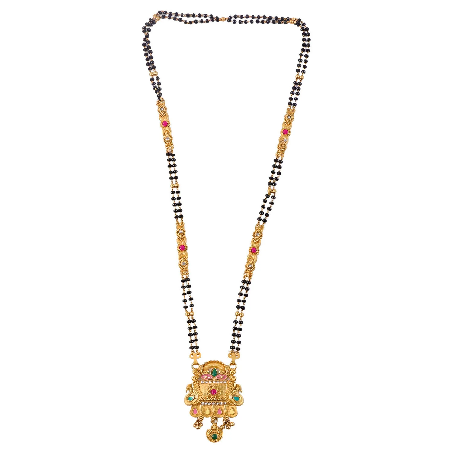 Rajwadi Temple Gate Pendant with Pink Leaf & Emerald Drops Long Double Strand Mangalsutra - Image 5