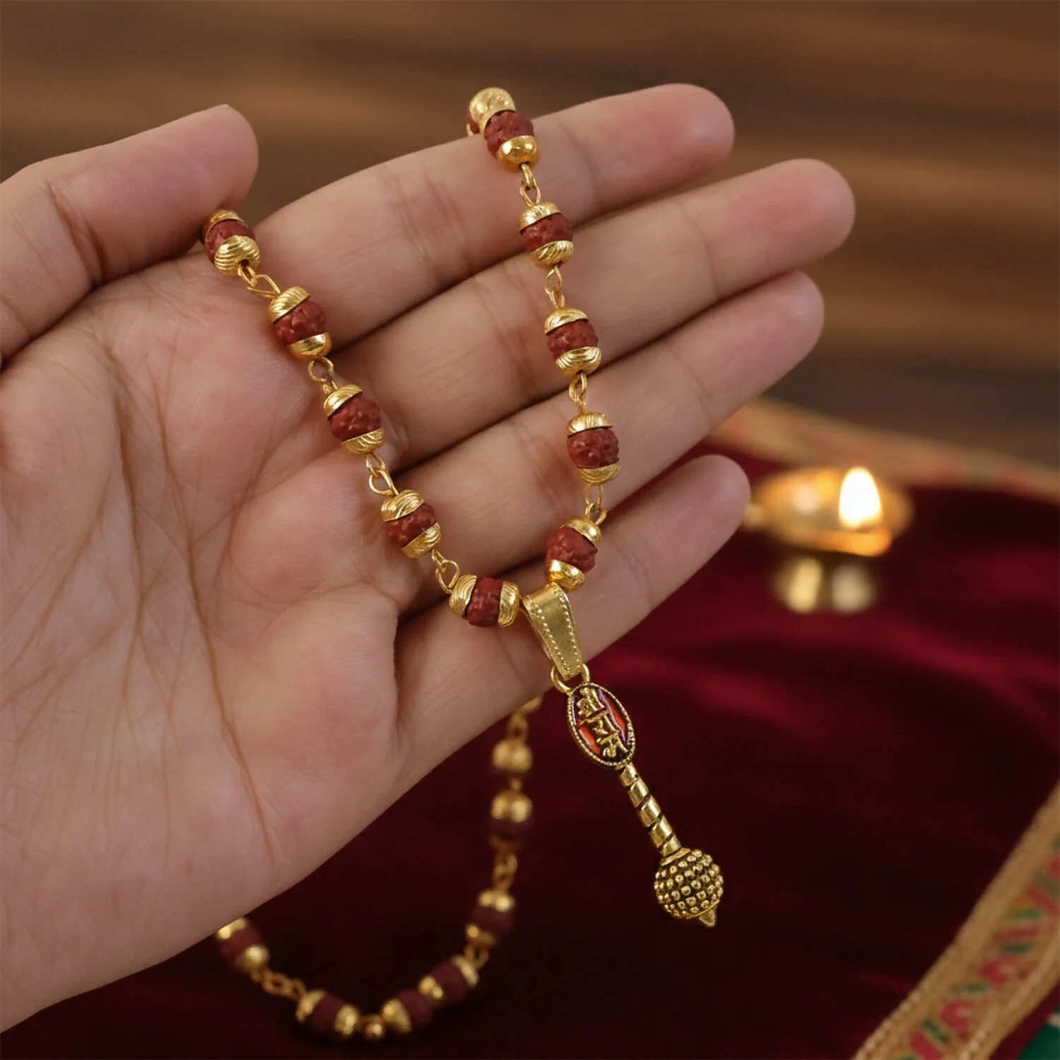 Ram Naam Gada Gold Pendant & Rudraksha Mala - Image 3