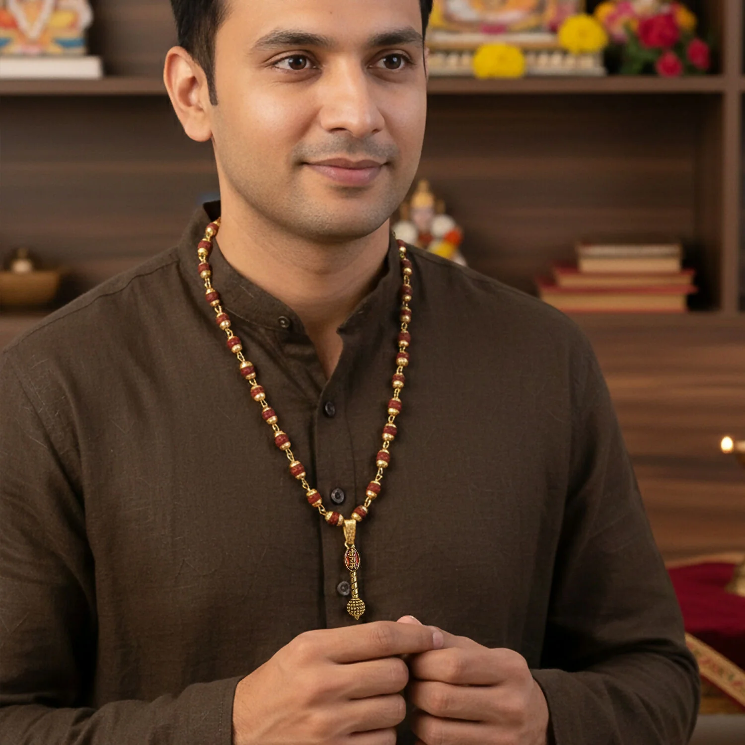 Ram Naam Gada Gold Pendant & Rudraksha Mala - Image 4